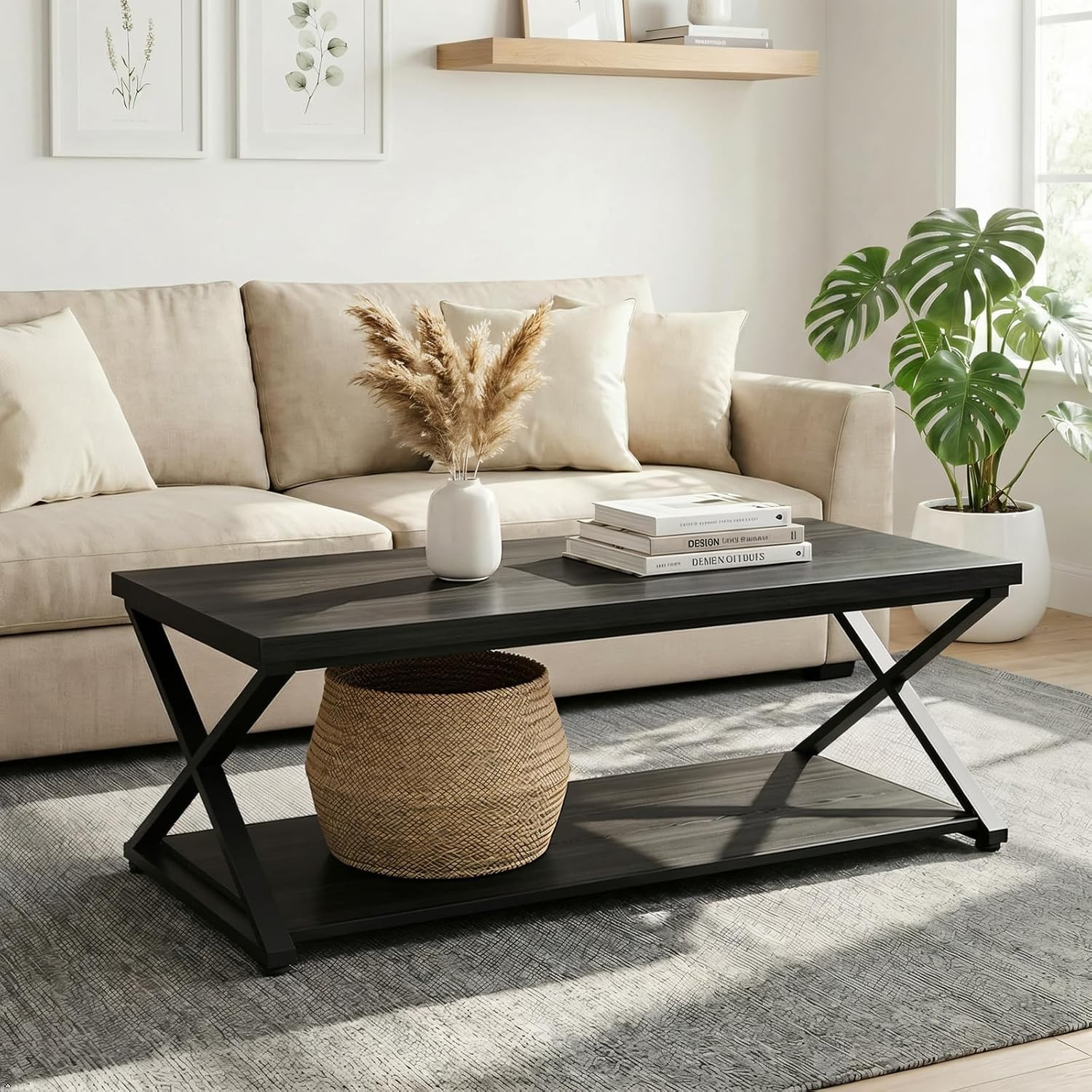 Coffee Table for Living Room, 2 Tier Rectangular Tea Table, Industrial Center Ta