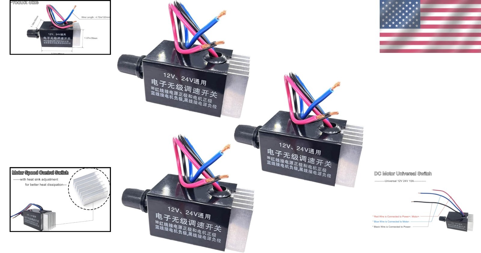 Universal 12V/24V DC Motor Speed Controller, 10A - 3-Pack for Precision Control
