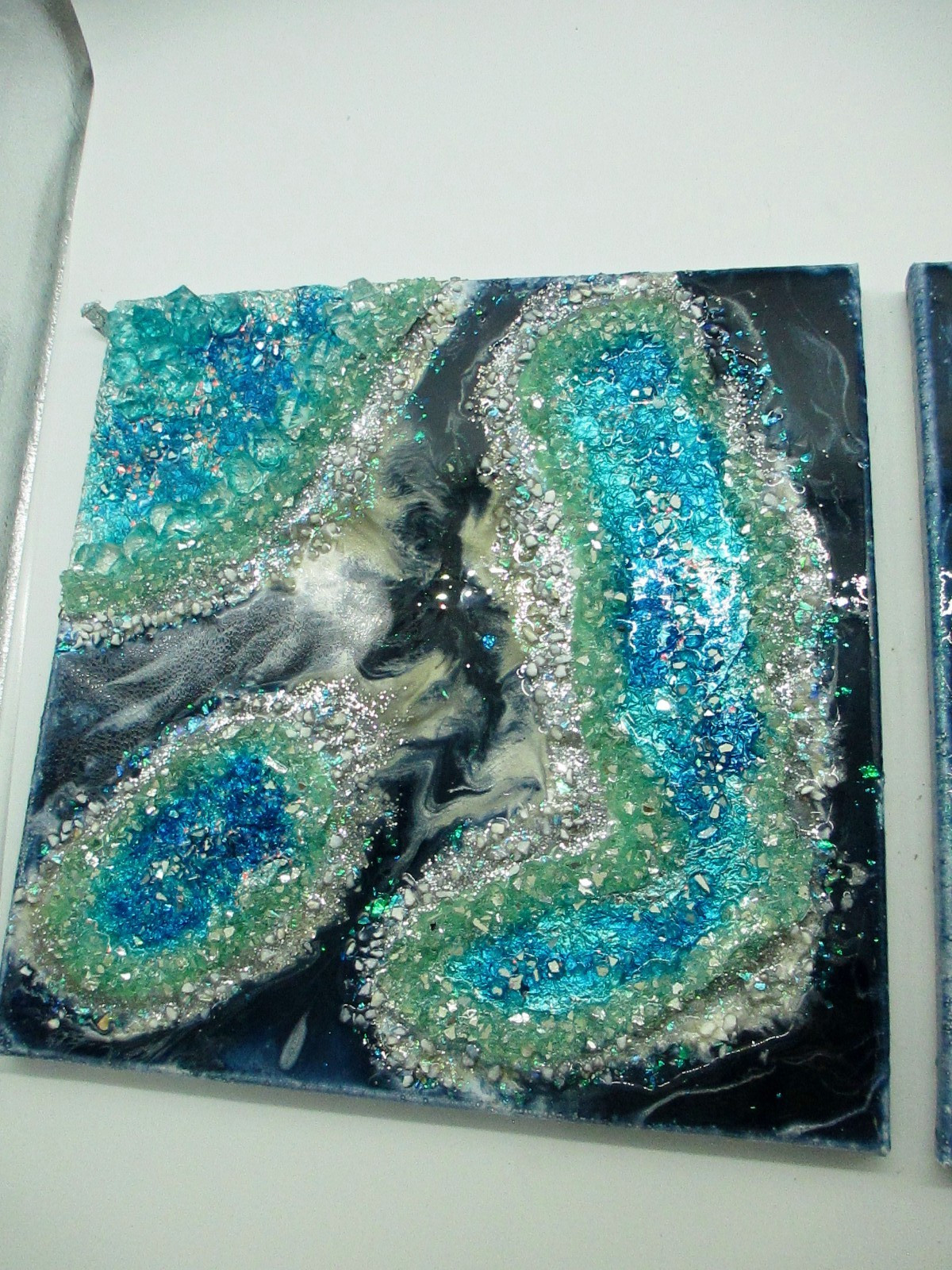 Resin, Crystal Geode Wall Art-2 Blue/Green/Silver Colored Pieces