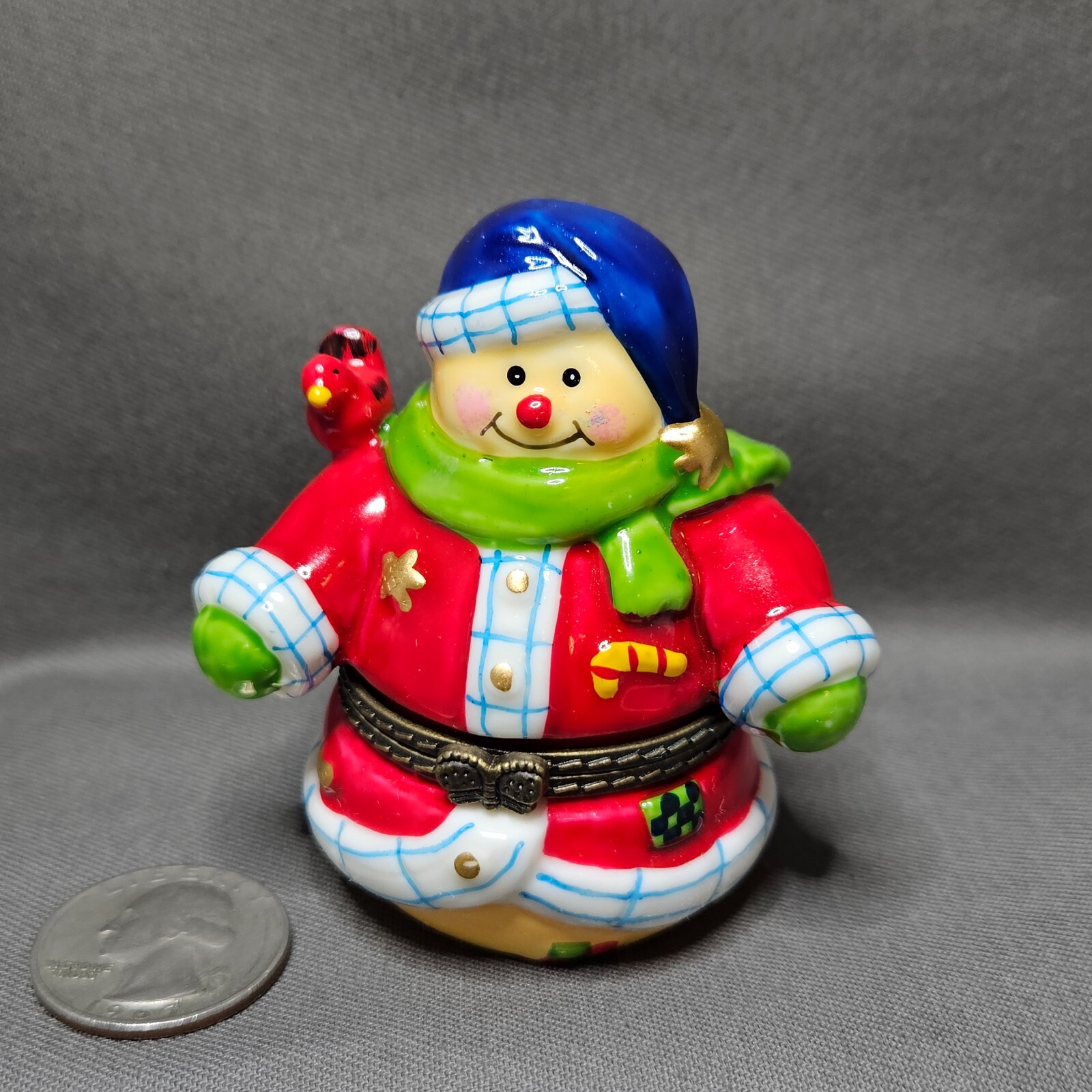 Porcelain Trinket Box 2.75” Snowman Blue Hat Red Bird on Shoulder Unbranded