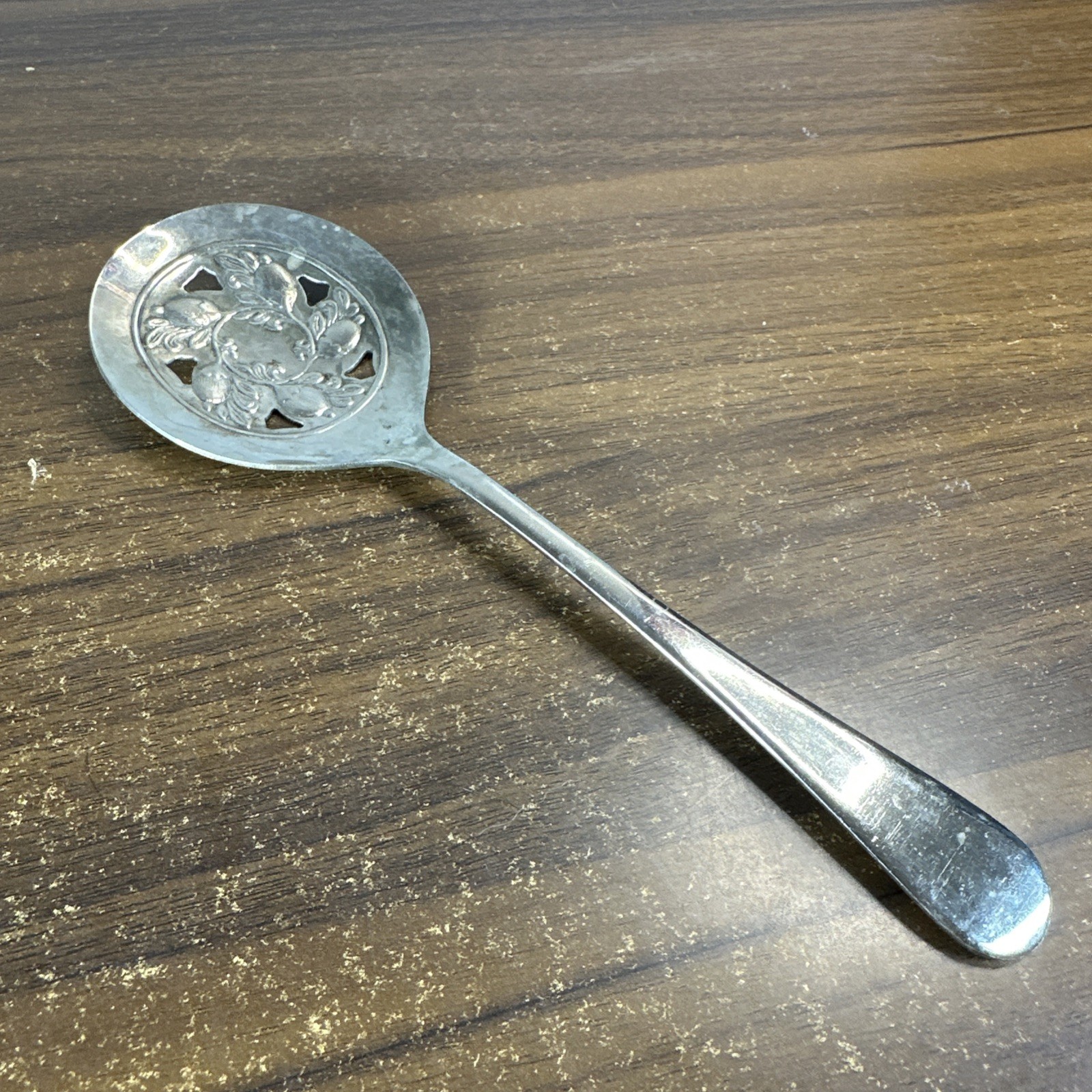 Vintage Sheffield England Serving Spoon Silver Plate Round Slotted 8 1/2” Long