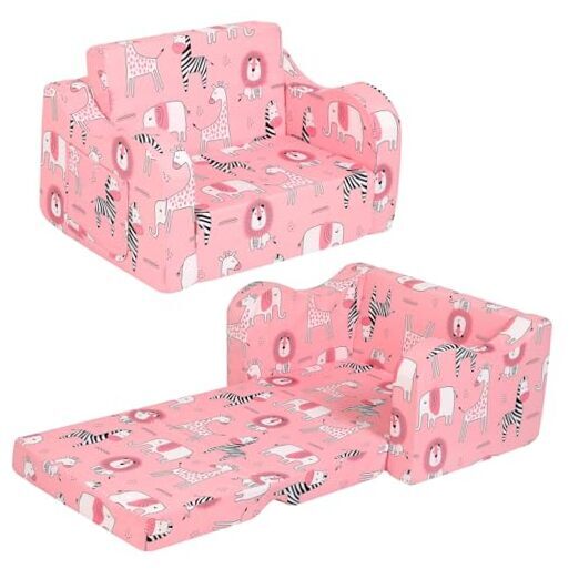 Kids Sofa, 2-in-1 Kids Couch Fold Out, Convertible Sofa to Bed for Girls Pink