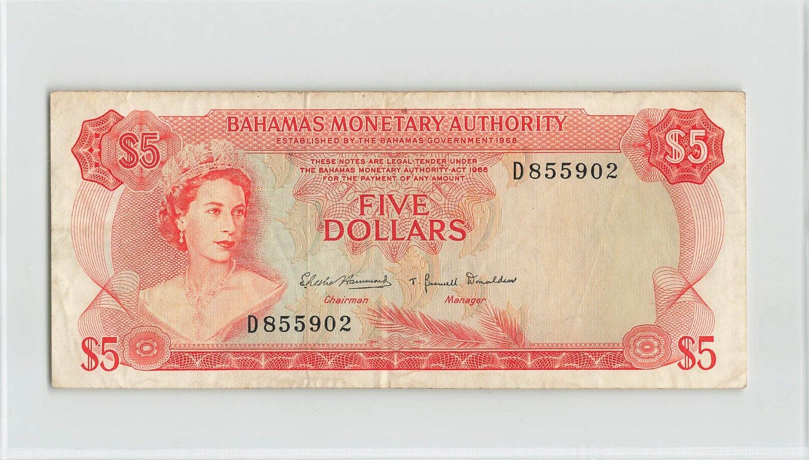 BAHAMAS $5 Dollars 1968, P-29 Monetary Authority, Original VF, Pretty Note.  K5