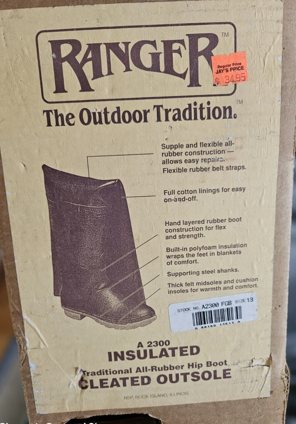 Vintage  Ranger Hip Waders Insulated All Rubber Boots Sz 13 Steel Shank