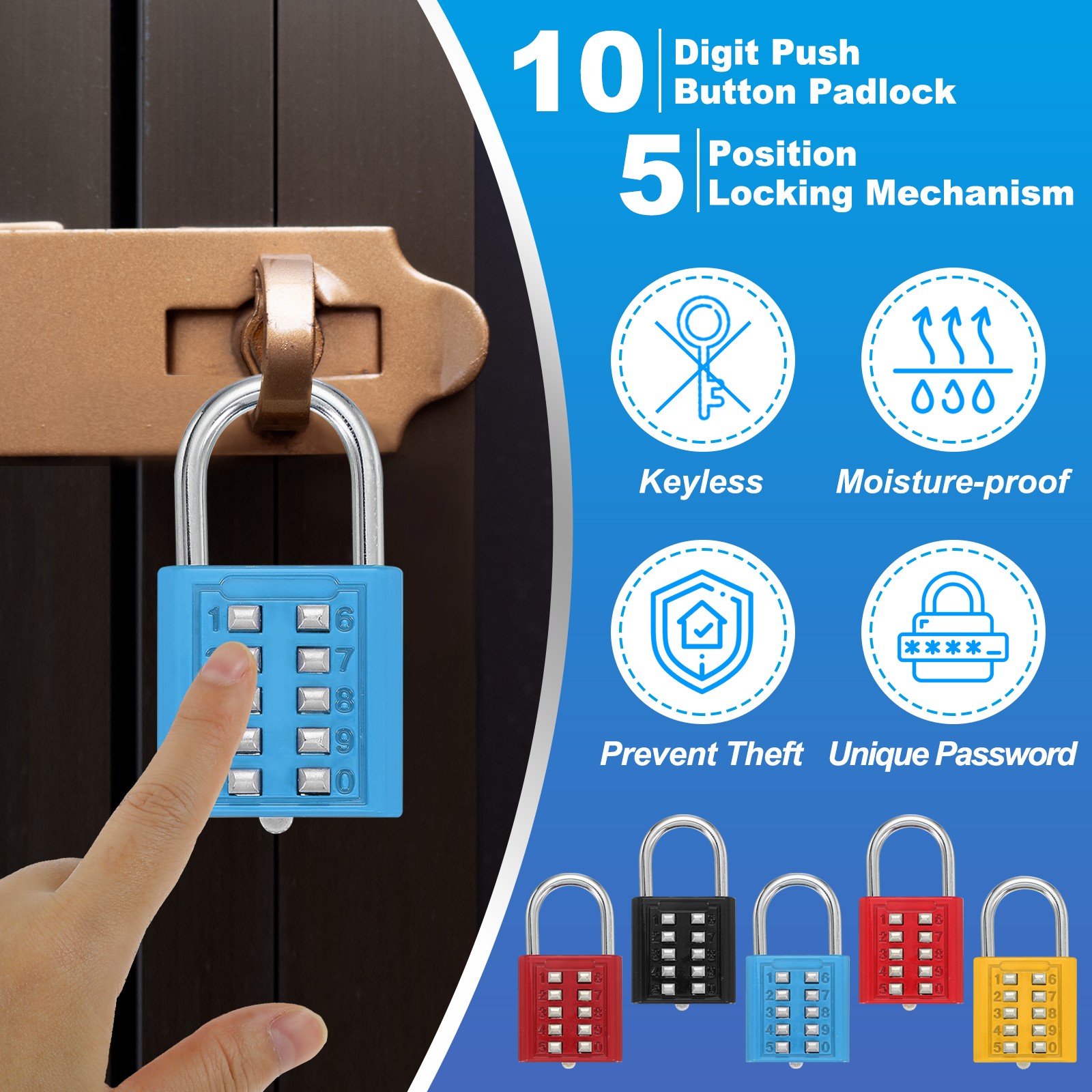 2Pcs Push Button Combination Padlock 10-Digit 5-Position Lock Lake Blue