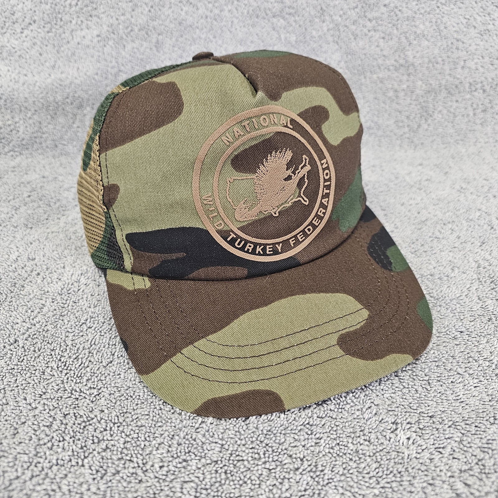 Vintage Camo Trucker Hat National Wild Turkey Federation Hunting Cap OSFM USA!