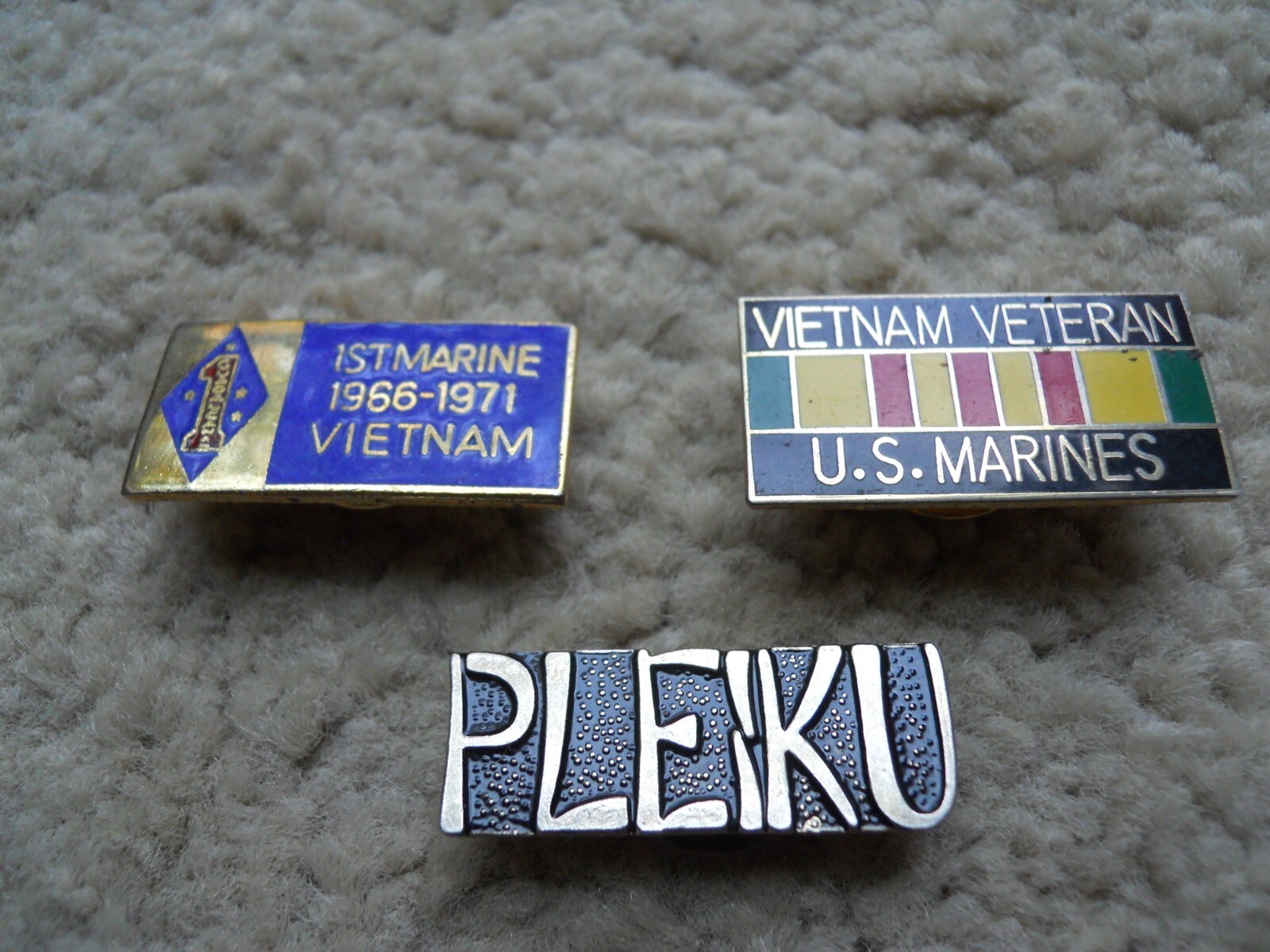 3! Vietnam War Pins;  Pleiku, 1st Marine Vietnam, Marine Vietnam Veteran