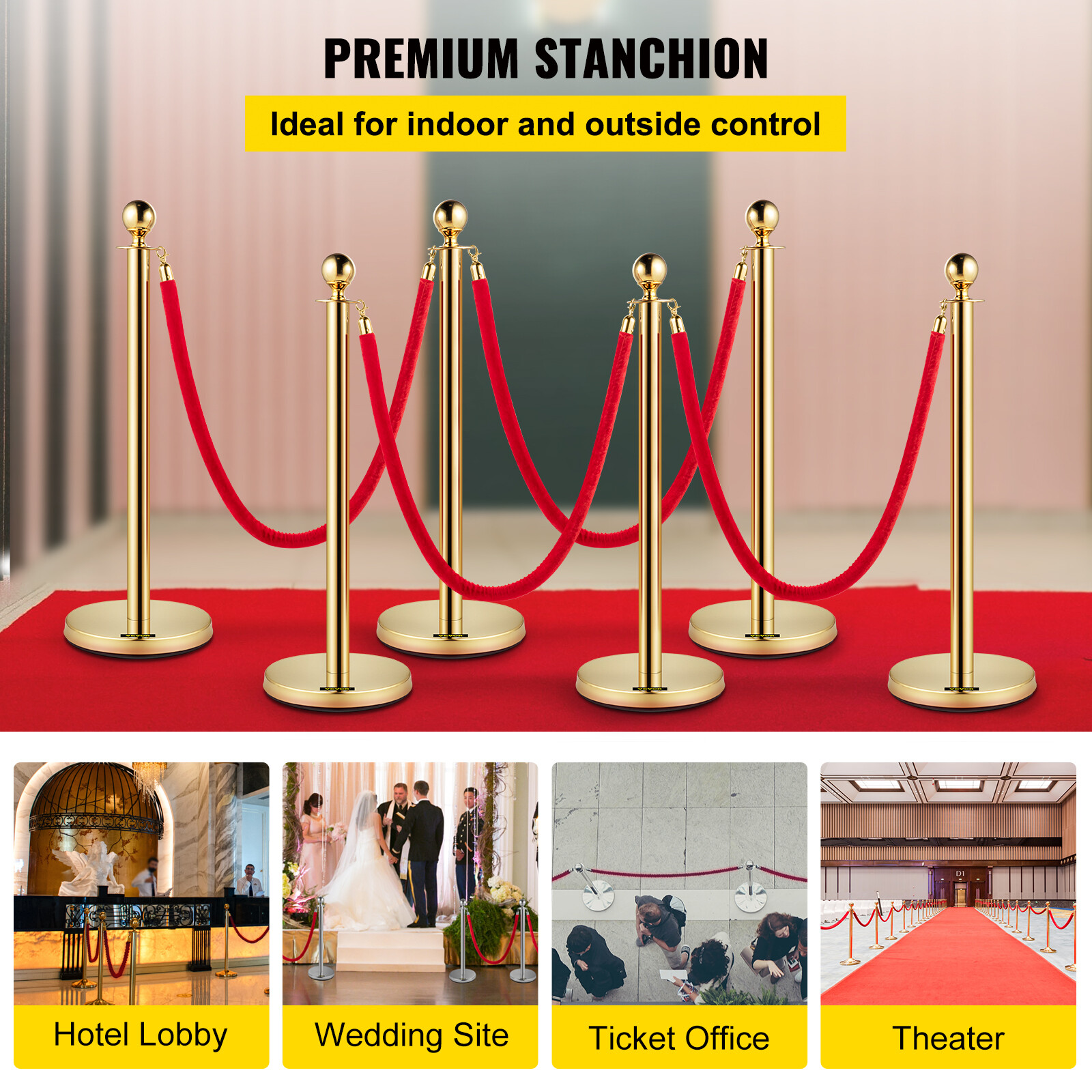 6Pcs Golden Stanchion Posts with 4 Velvet Ropes Crowd Control Queue Pole Barrier