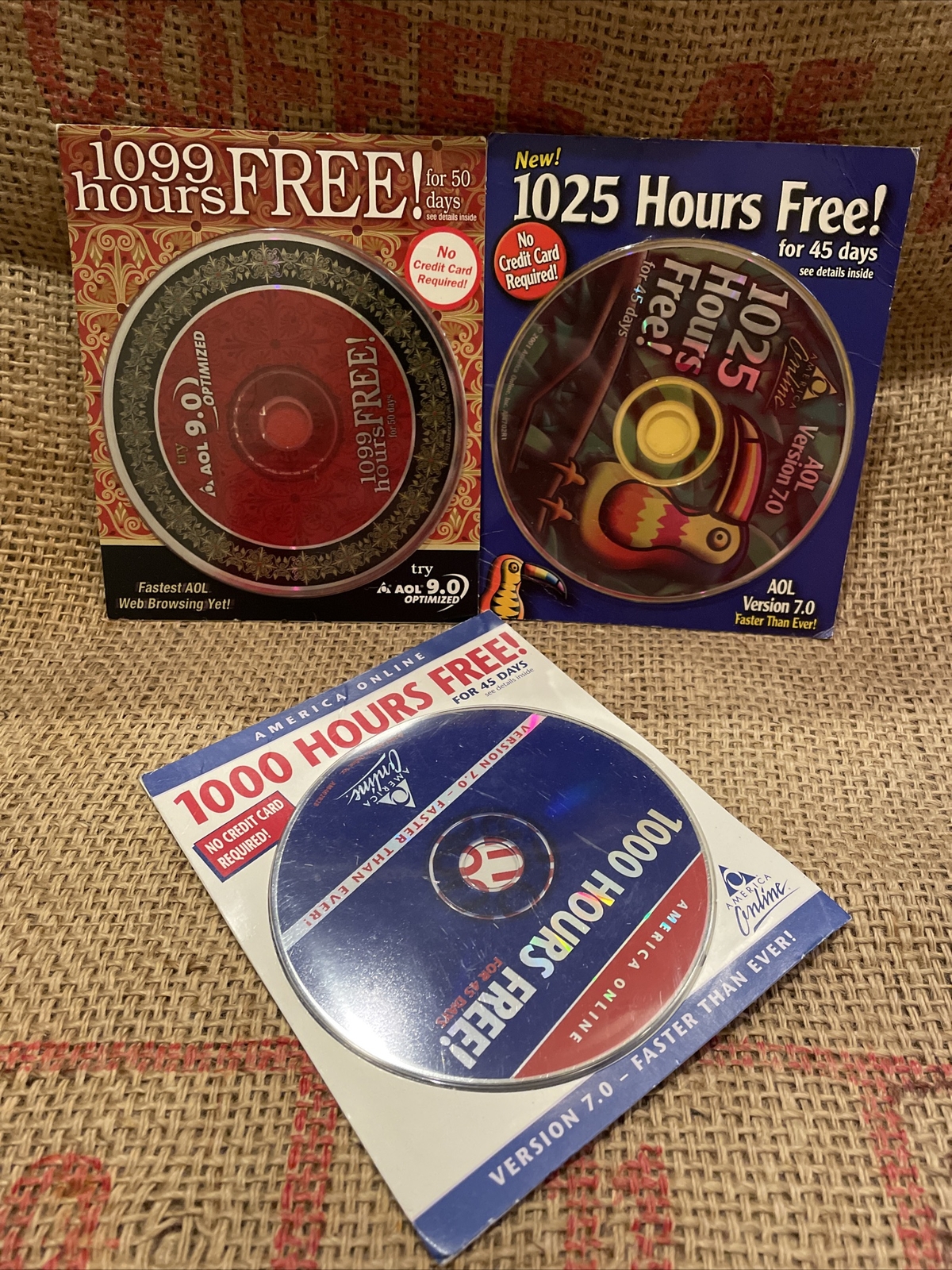 Vintage AOL Disks 7.0 9.0 1000 1025 1099 Hours  Lot of 3 New Software CDs