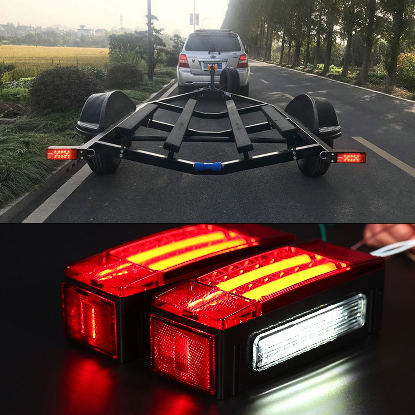 Left+Right LED Submersible Trailer Boat Rectangle Stud Stop Turn Tail Lights Kit