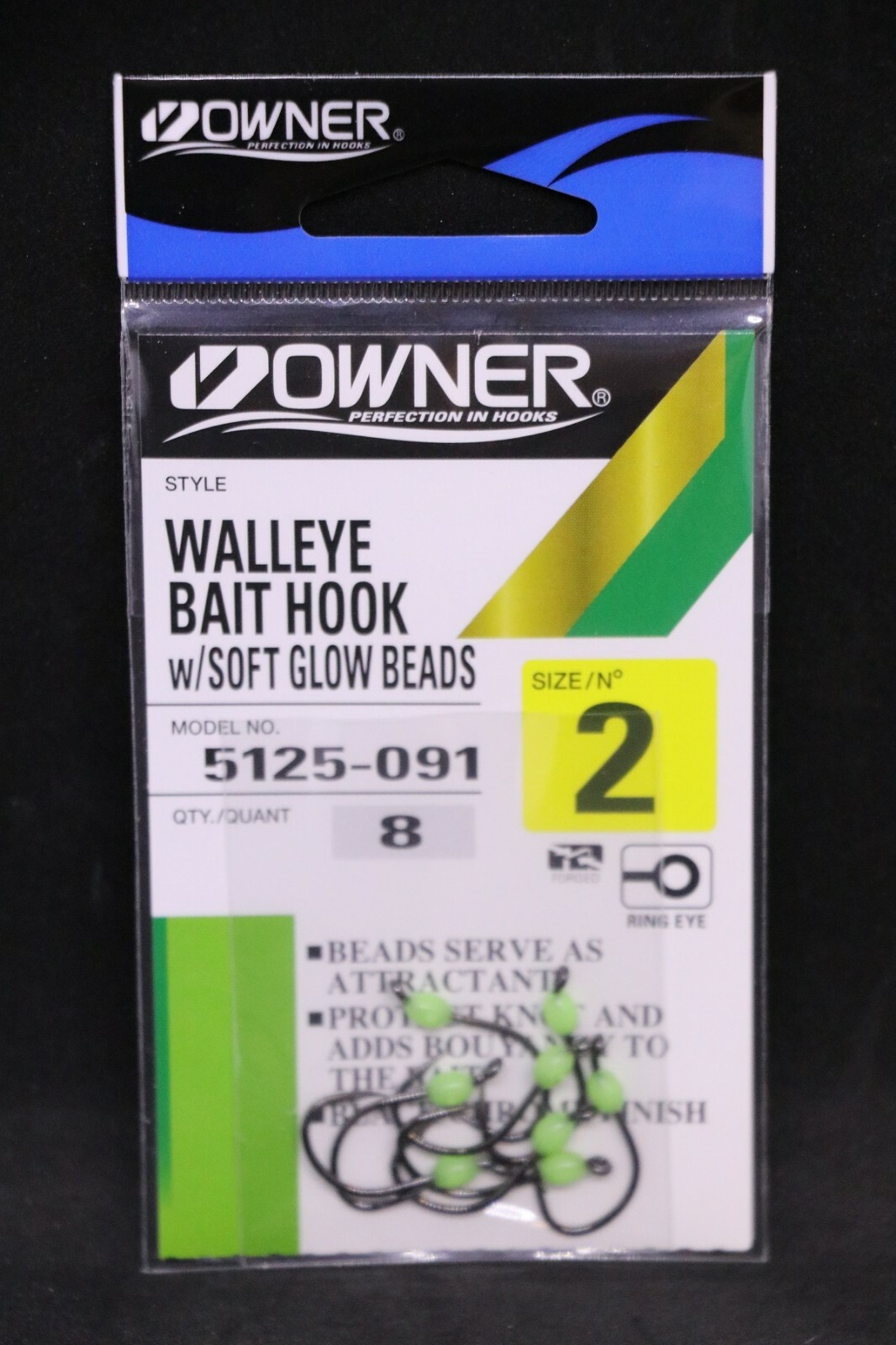 Owner Walleye Bait Hook with Soft Glow Beads - Black - Size 2 - Pack of 8