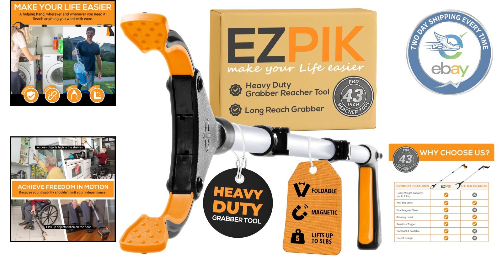 43" Long-Arm Grabber Tool with Magnetic Tip - Essential for Elderly Independence