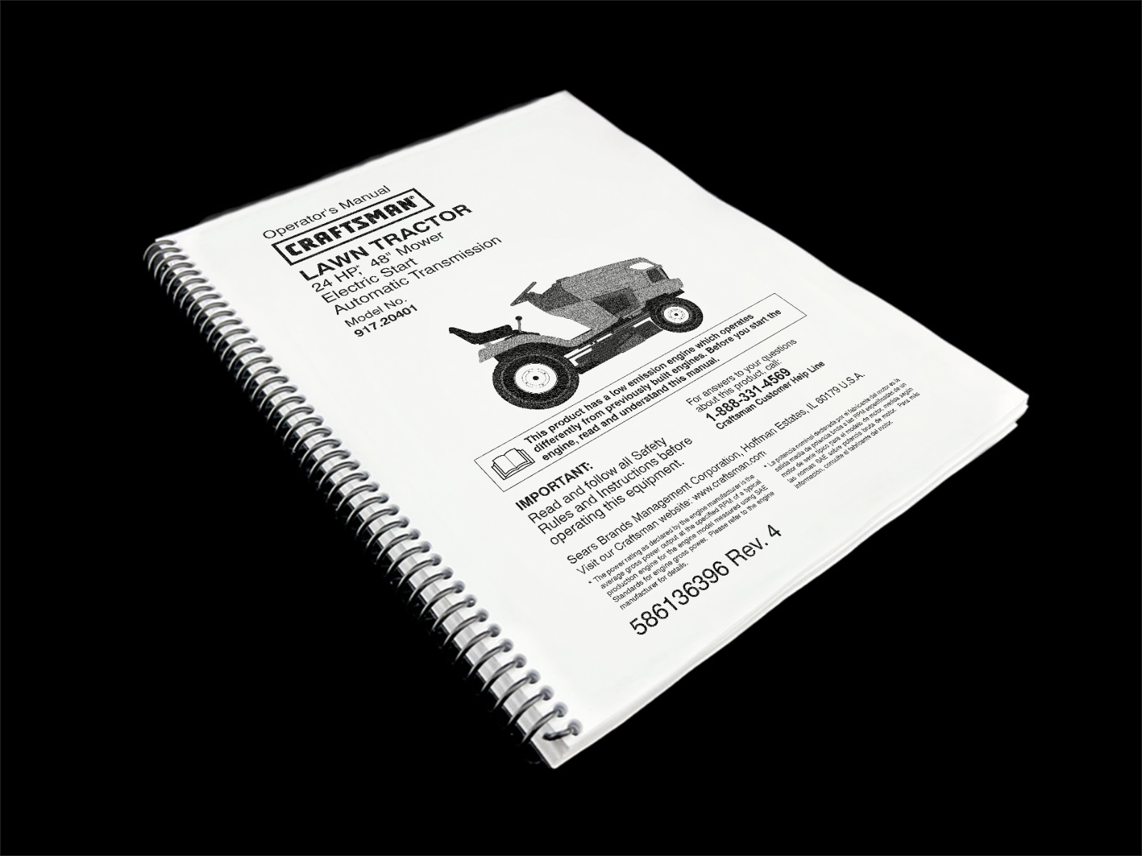 Craftsman Owners Manual Model 91720401 48" Mower - Printed SPIRAL Bound