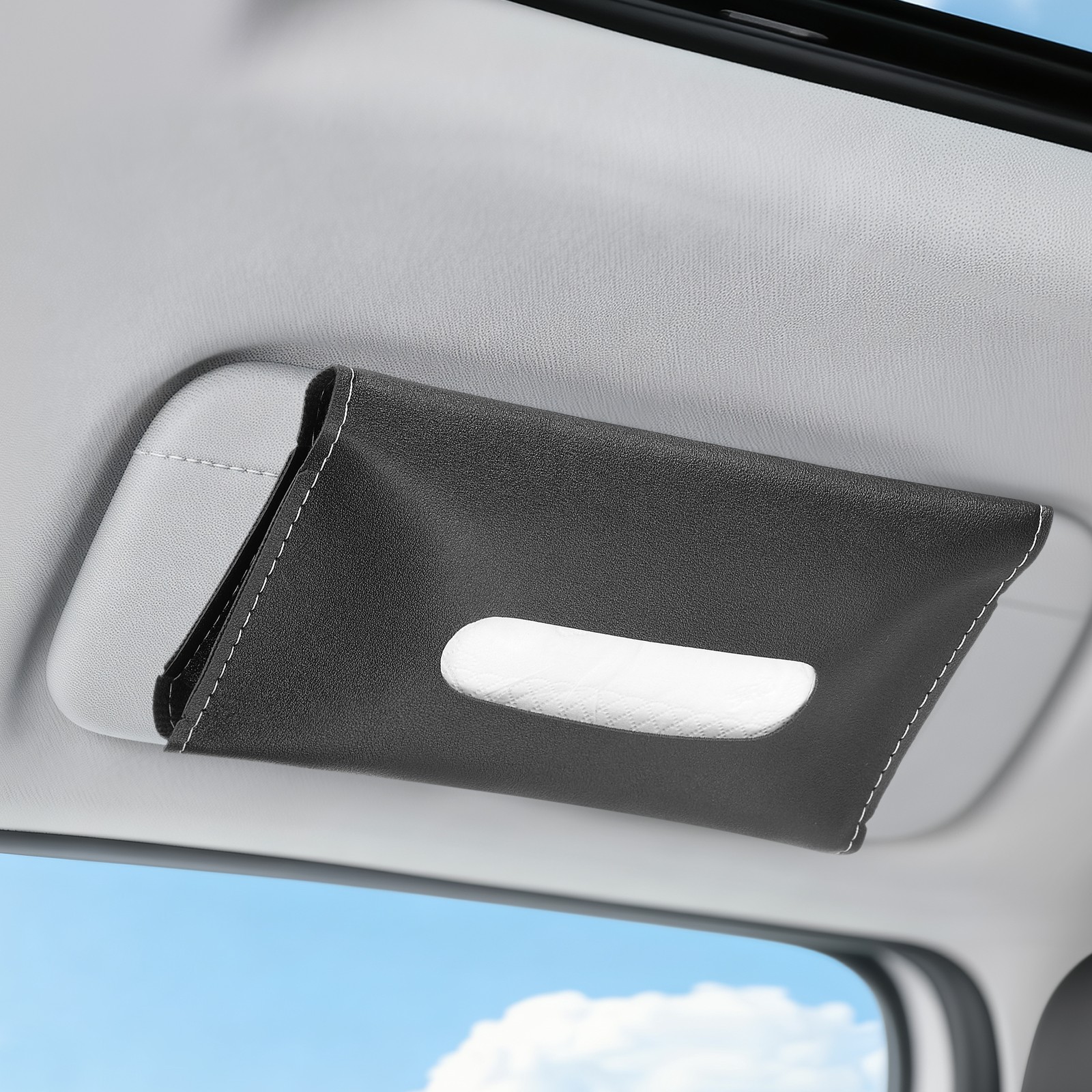 2pcs 6" Car Tissue Holder with Clips PU Leather Sun Visor Napkin Holder Black