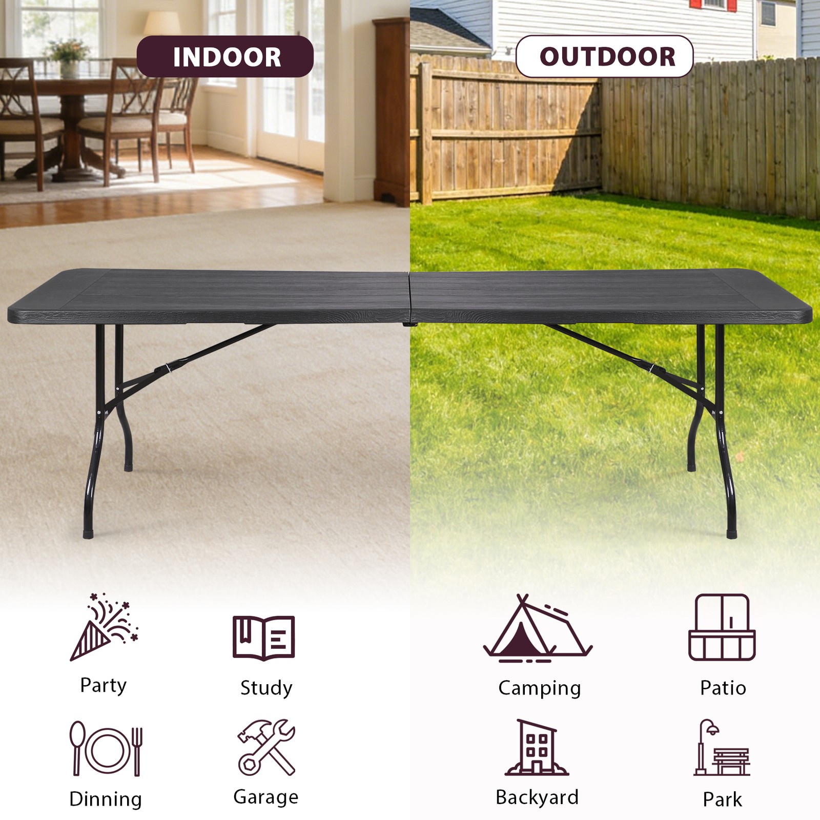 8FT Portable Folding Table Fold-in-Half Plastic Table for Dining Picnic Black