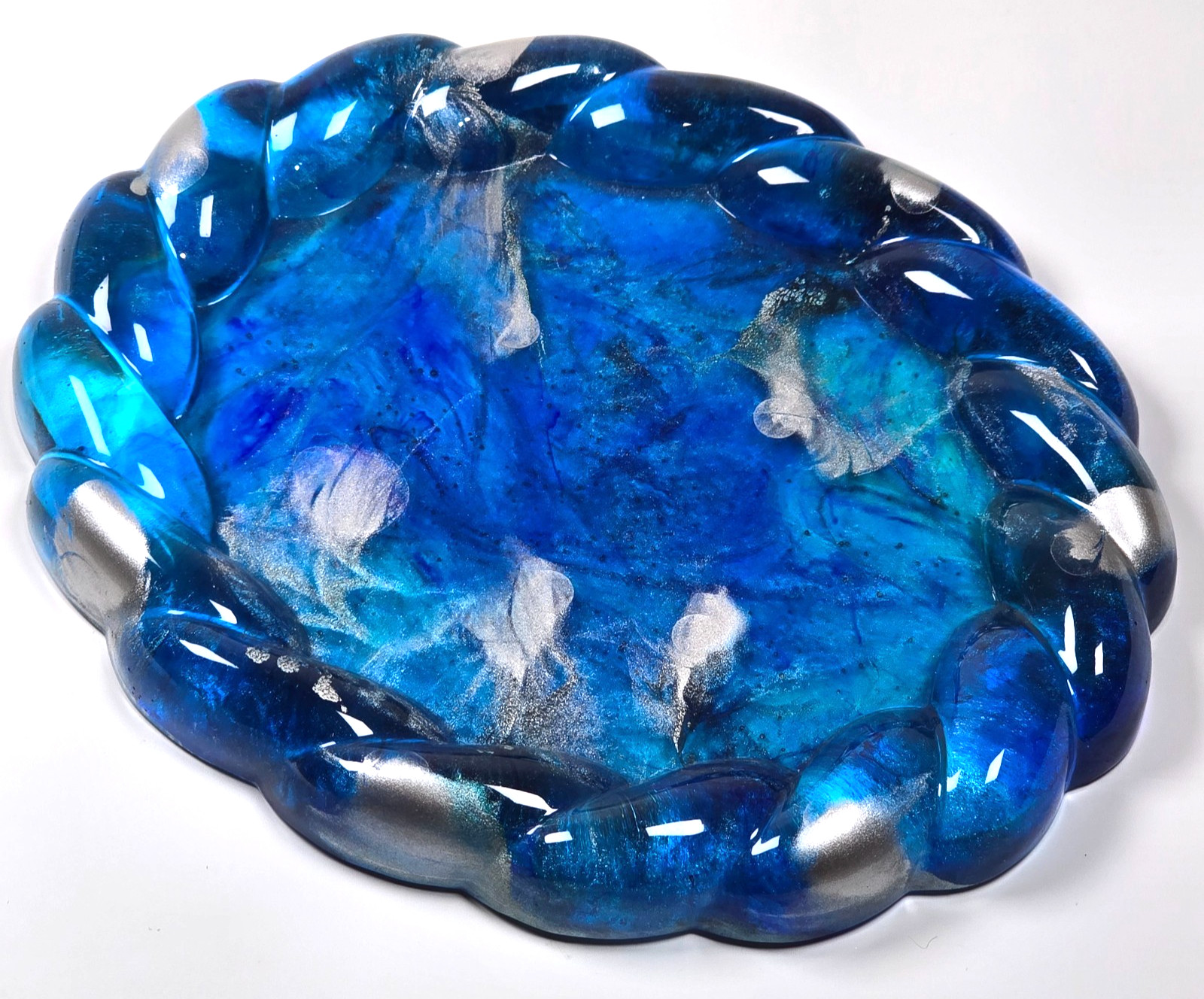 Handmade Resin Oval Tray 6x5 Braided Rim Blue Silver Ocean Mist Art Decor Waves