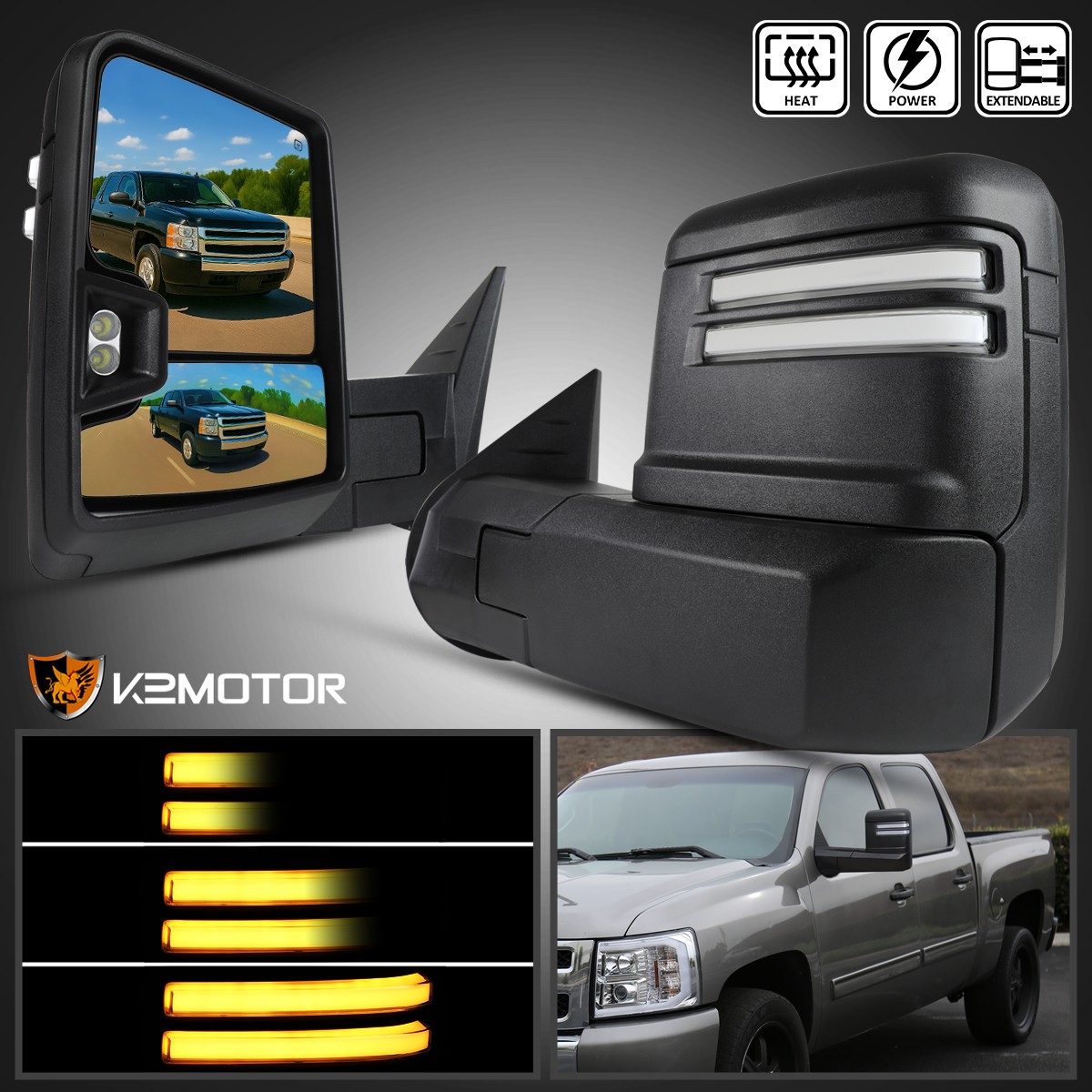 Fits 2007-2013 Chevy Silverado Sierra 1500 Power Heated Tow Mirrors LED Signal
