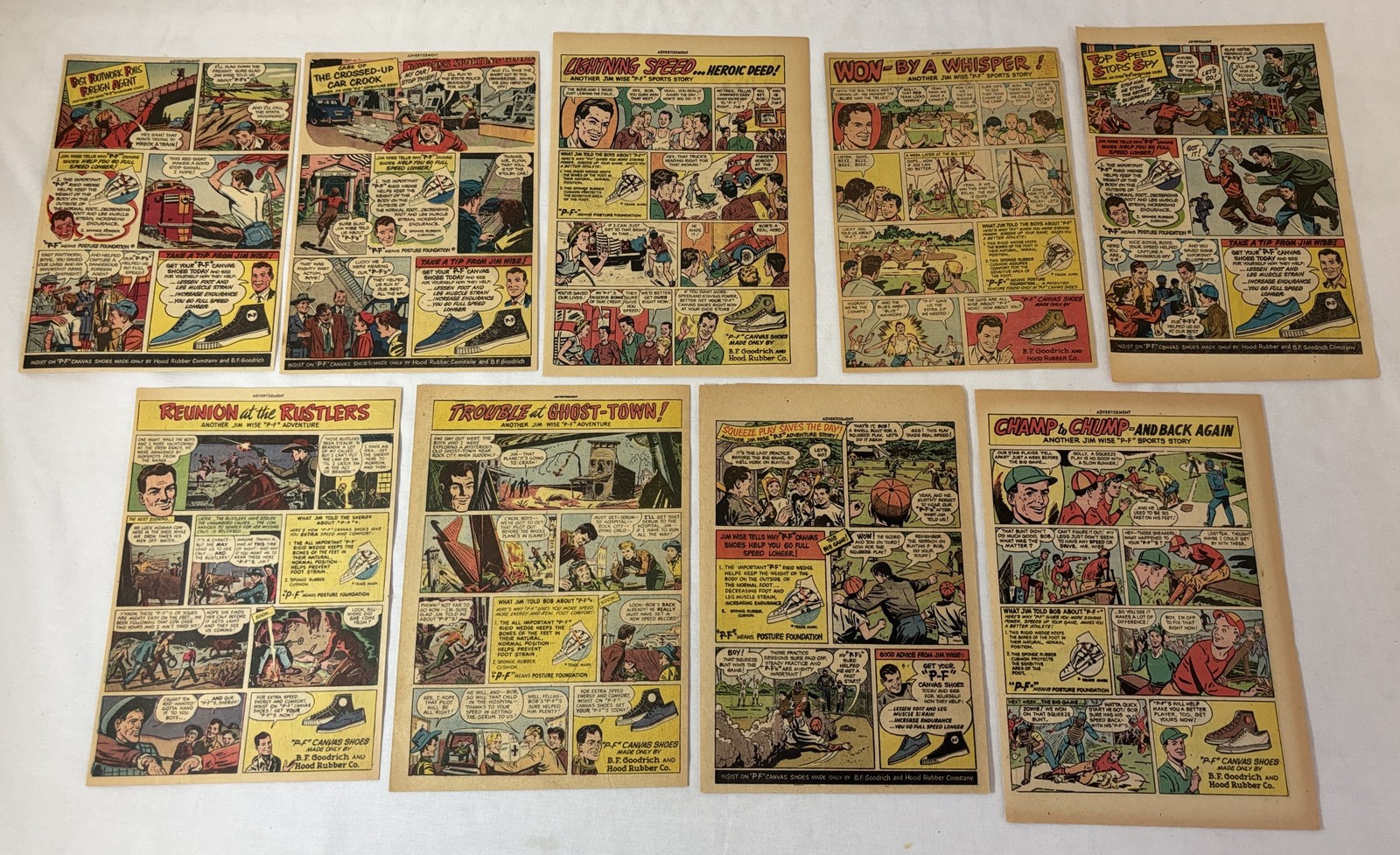 lot of nine 1940's P-F CANVAS SHOES cartoon ads ~ B.F.Goodrich, Hood