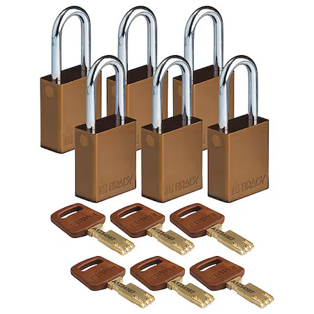 Brady Alu-Brn-38St-Ka6pk Lockout Padlock, Keyed Alike, Aluminum, Brown, 1 1/2