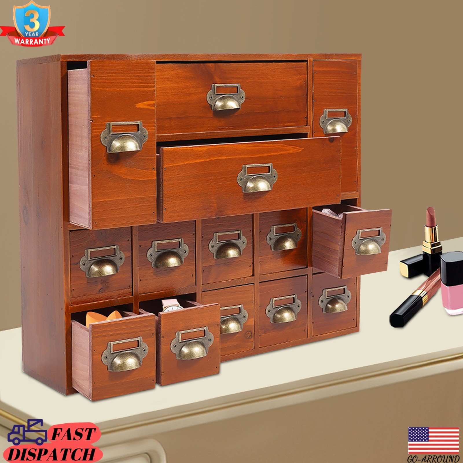 Vintage 14 Drawers Storage Cabinet Wood Office Tabletop Drawer Jewelry Organizer