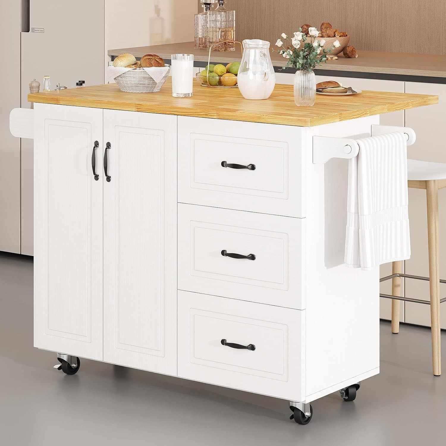 Kitchen Island with Storage on Wheels, Rolling Kitchen Island with Spice Rack...