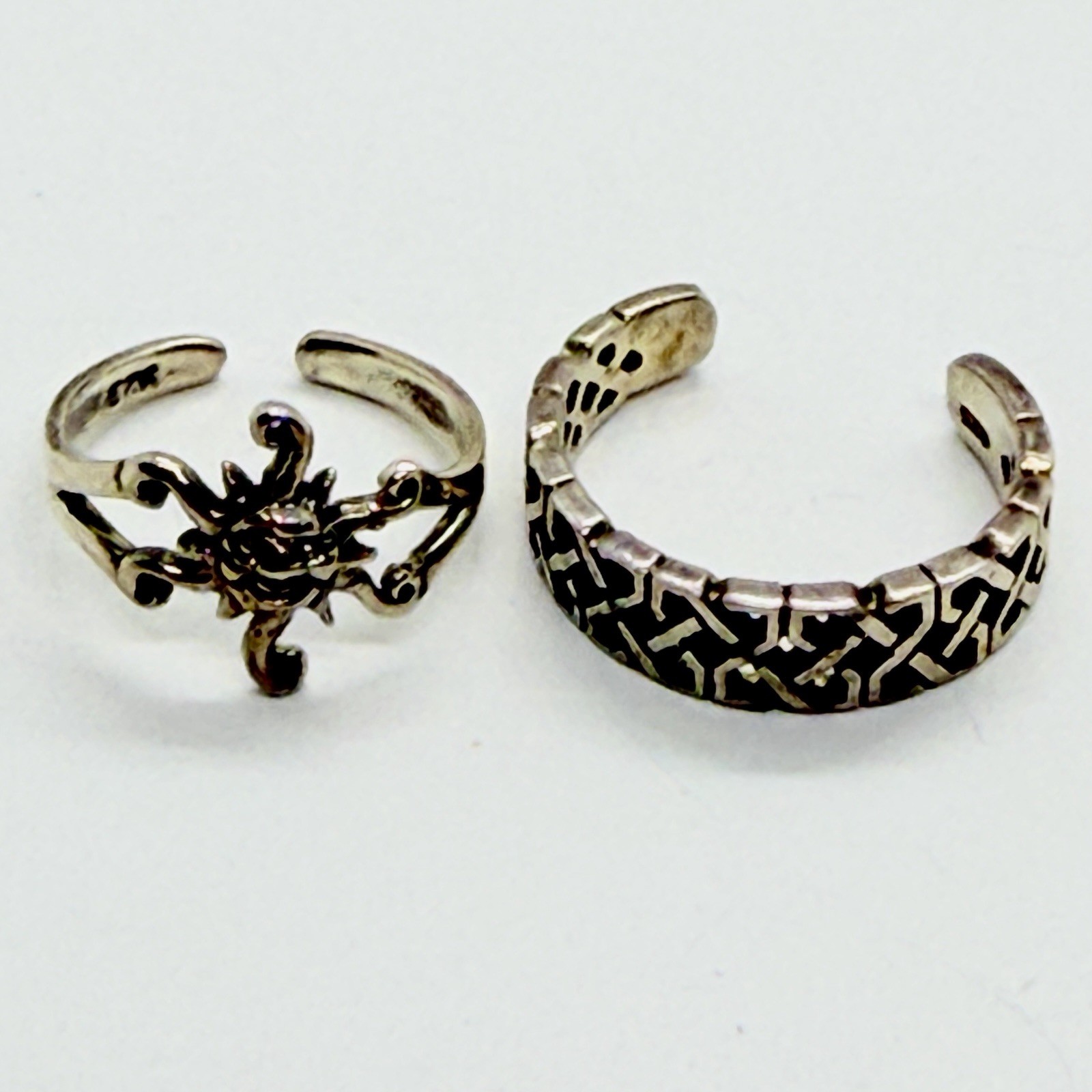 2 PCs 925 Solid Sterling Silver Toe Open Ring Adjustable, Sun & Patterned Design