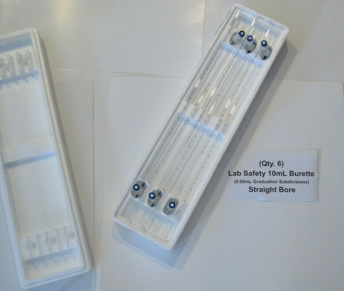 (Qty. 6) Lab Safety 10mL Burette (0.05mL Graduation Subdivisions) Straight Bore