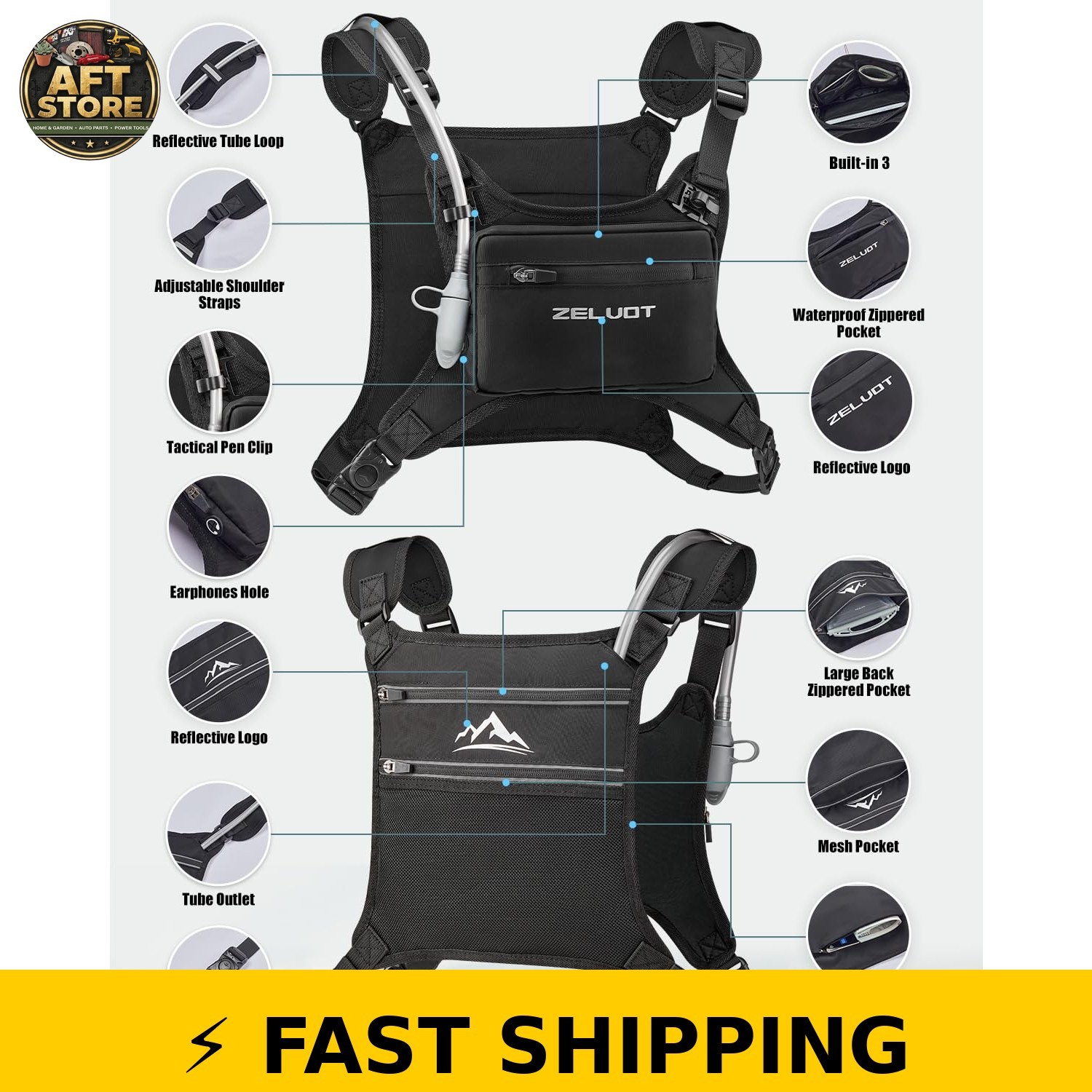 Zelvot Running Vest with 1L Water Bladder - Adjustable Reflective