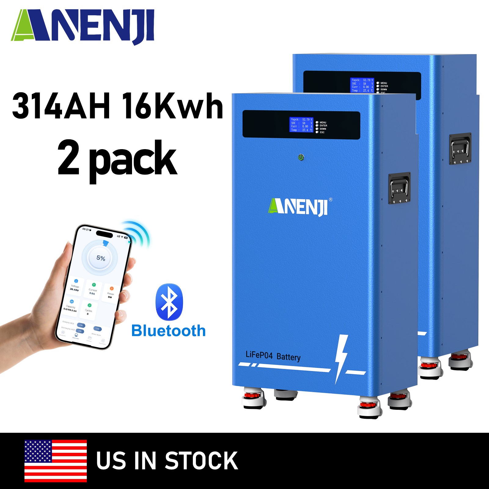 2 Pack 48V 314Ah 16KWh Lithium Battery LiFePO4 300Ah for Home Storage RV Boat PV
