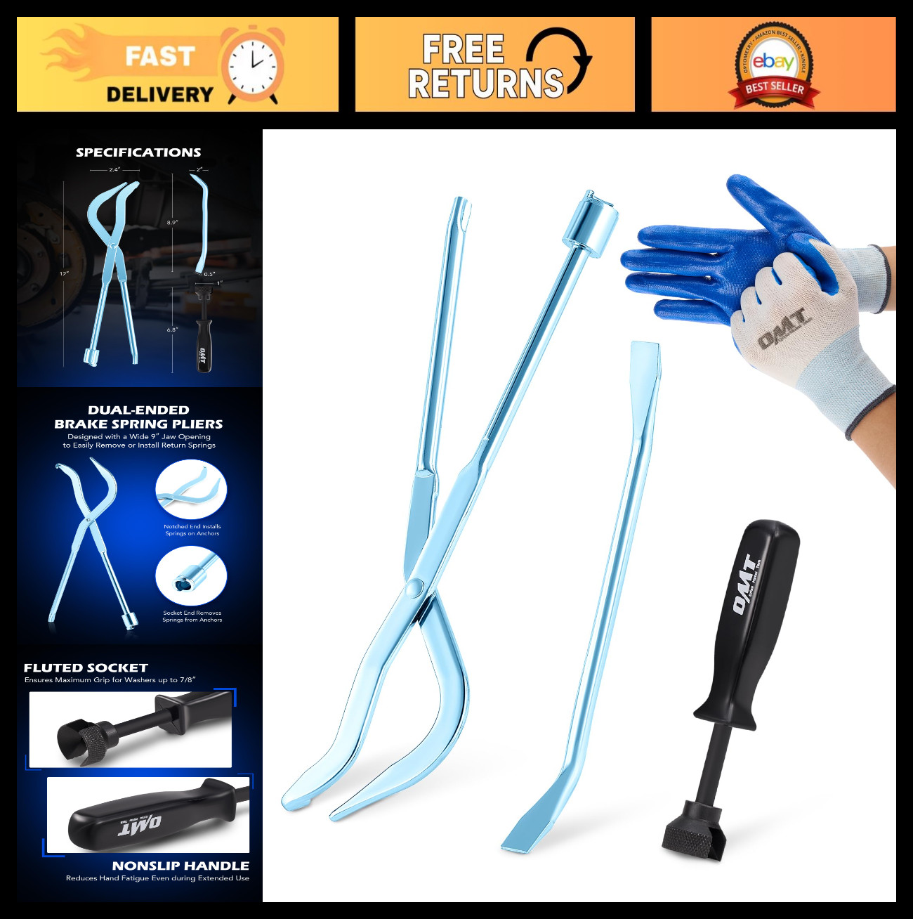 3-Pc Drum Brake Tool Kit - Brake Spring Compressor, Adjustment Tools & Pliers