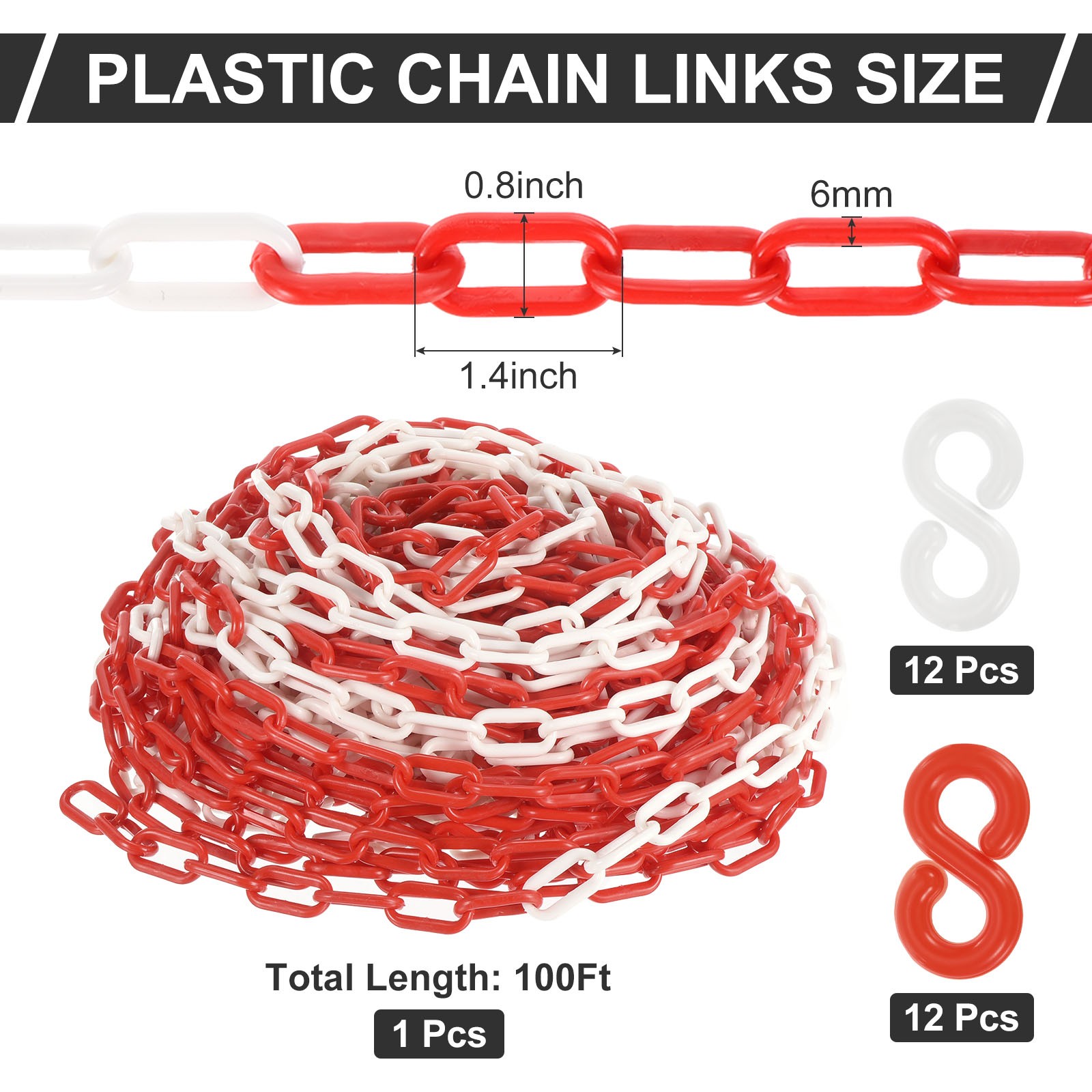 Plastic Chain Links 100 Foot Safety Barrier Chain Red / White for Crowd Control