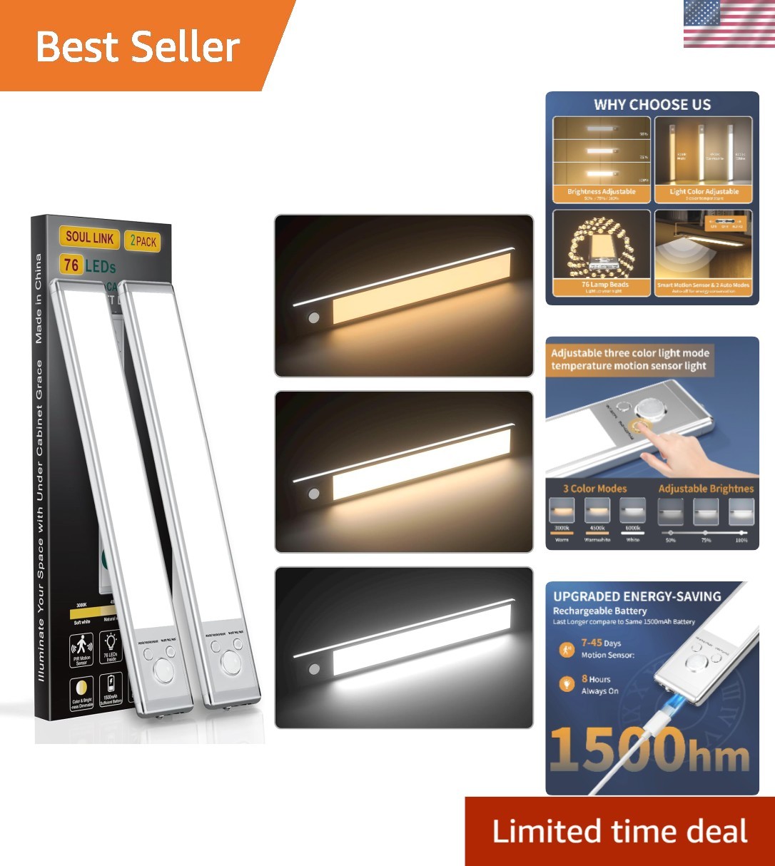 Stylish 2-Pack 76 LED Under Cabinet Lights with Motion Sensor - USB Rechargeable