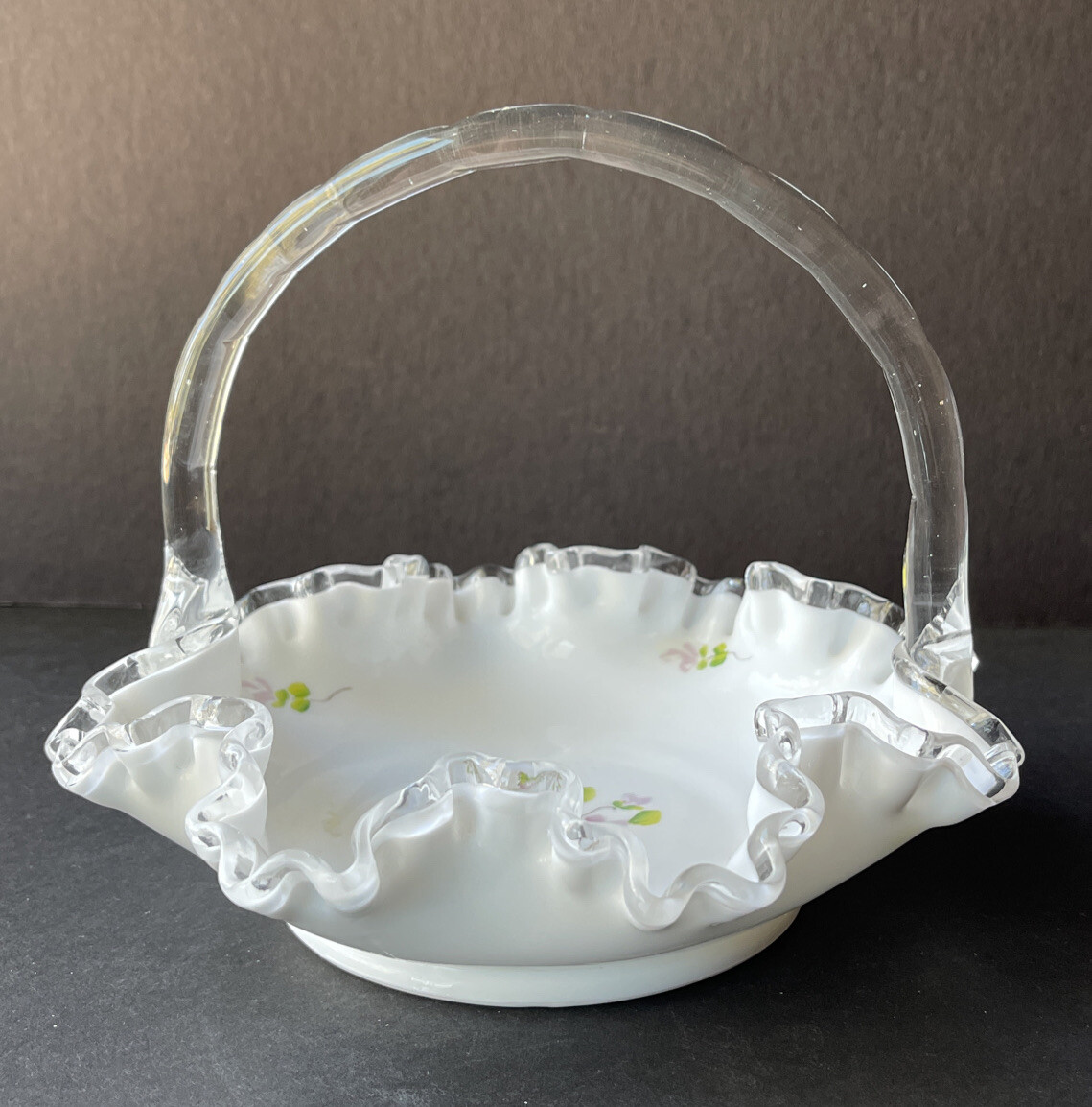 Fenton Basket White Hand Painted Flowers Floral Crest Spanish Lace Diane Wagner