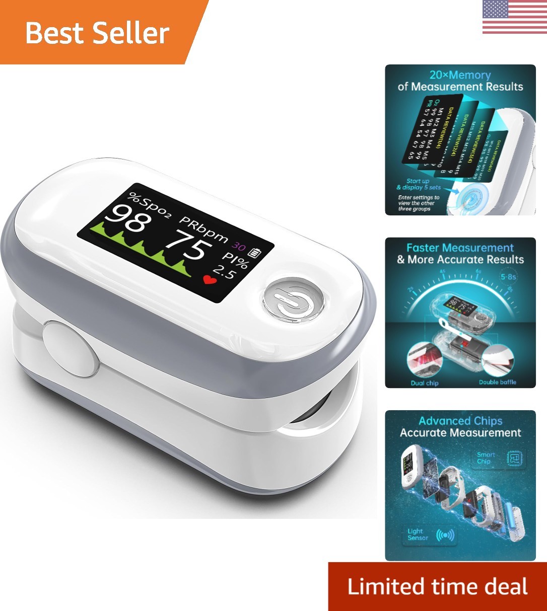 Advanced Pulse Oximeter: 4-Color OLED Display, 20 Memory, Adjustable Brightness