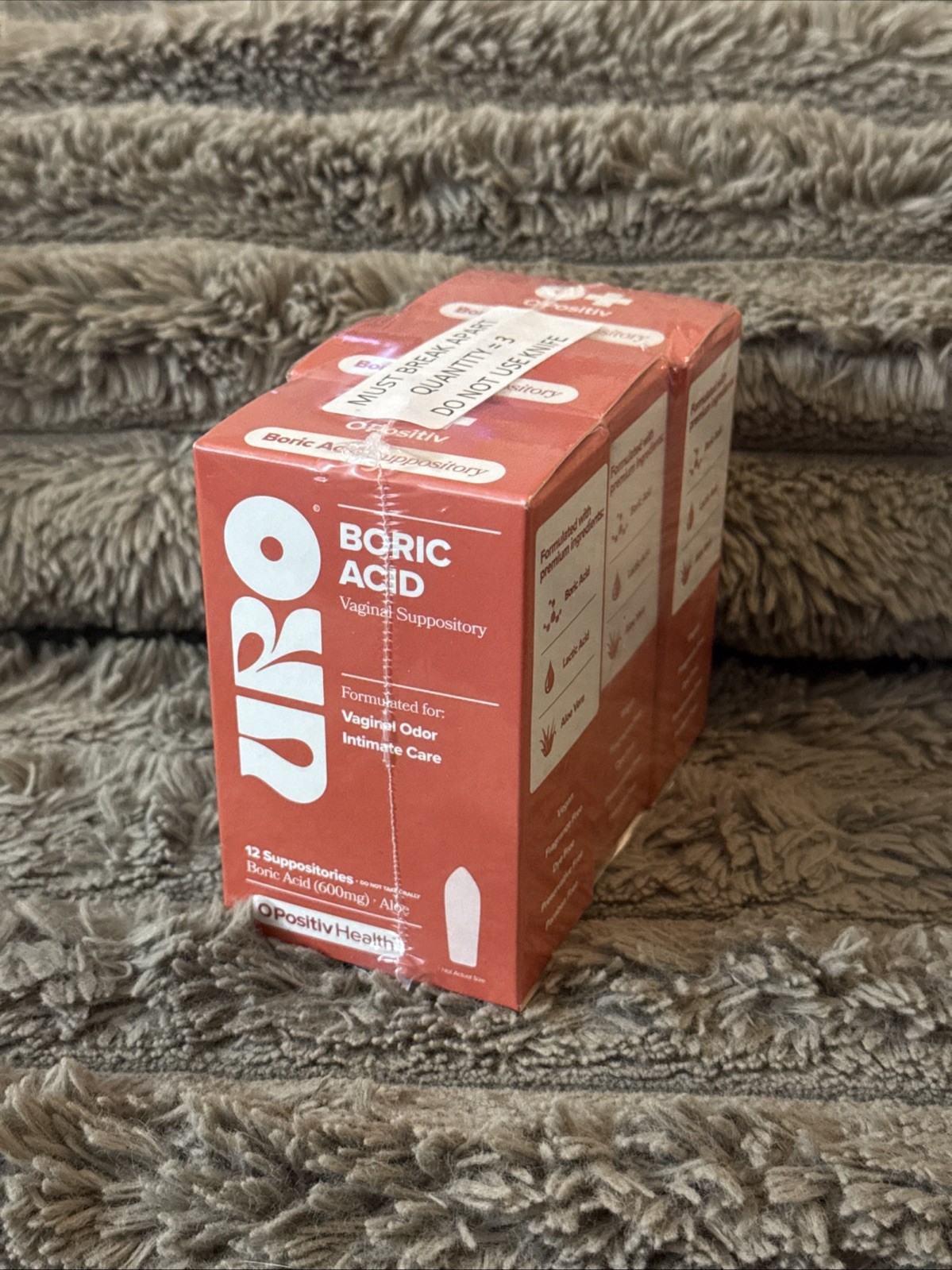 Lot Of 3 - O Positiv URO Boric Acid Suppository - 12ct EXP 11/2026