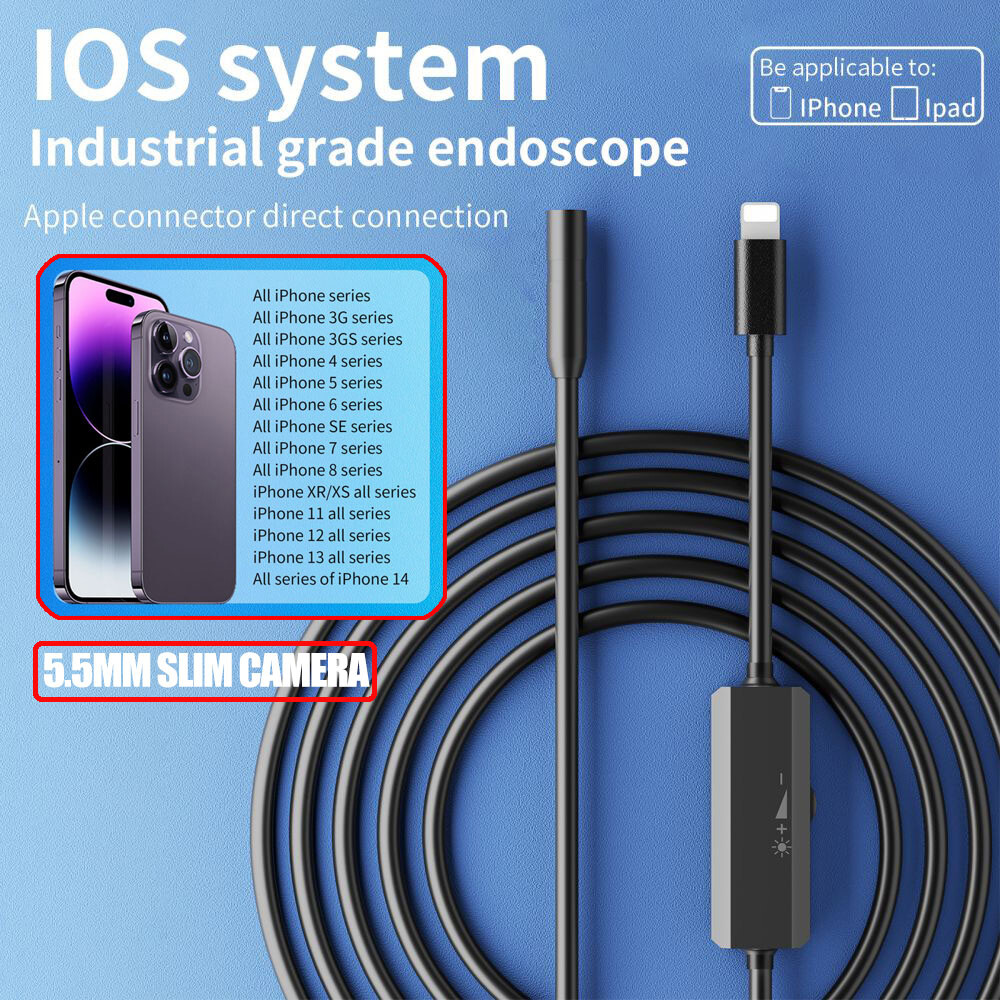 Slim5.5mm Endoscope Inspection Camera iPhone/iPad/iOS/Android Tube/Car Moto/Home