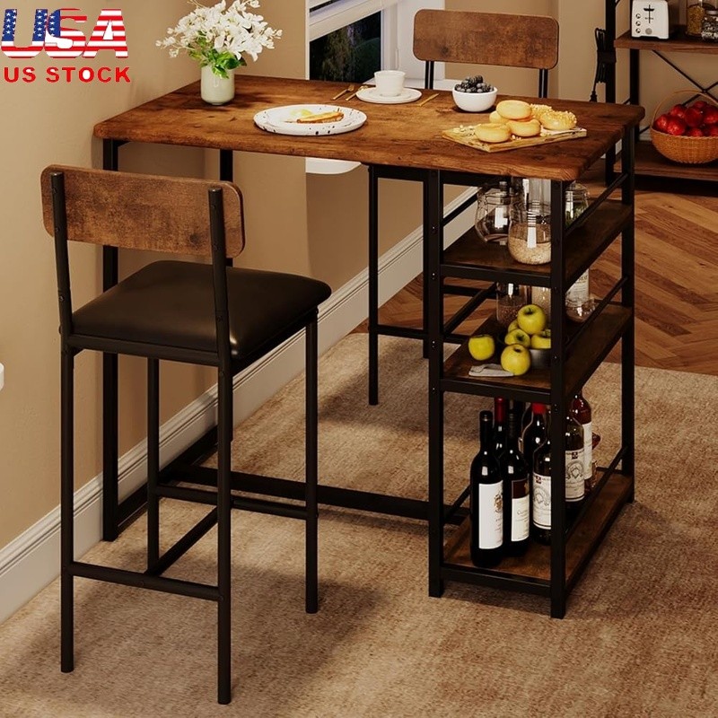 Cozy Upholstered Bar Chairs Dining Table Set W/ Storage Shelves Space Saving New