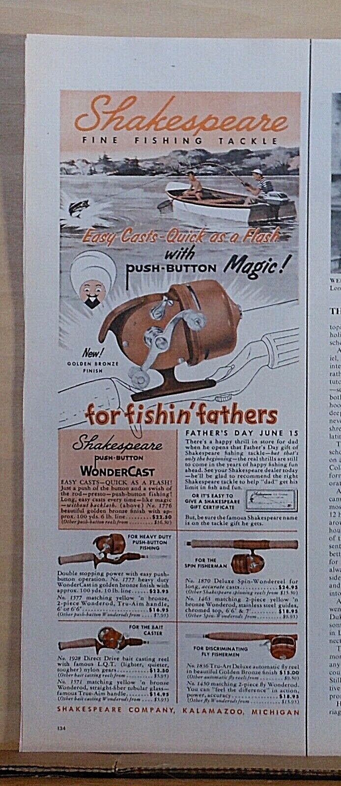 1956 magazine ad for Shakespeare Fishing Tackle - Wonder Reel, push button magic