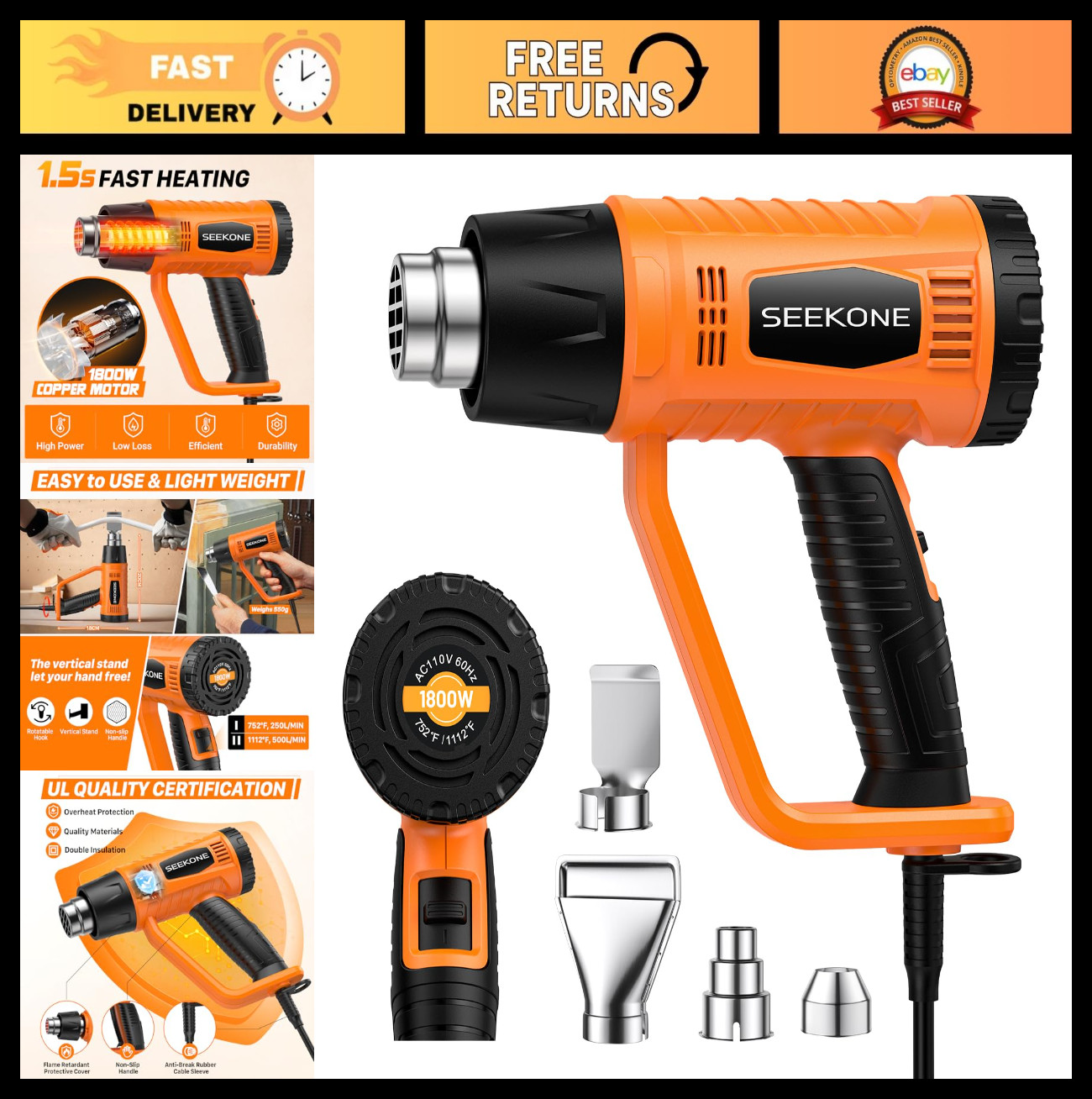 Heavy Duty 1800W Heat Gun Kit - Dual Temp 752℉/1112℉, 4 Nozzles, Overheat Protec