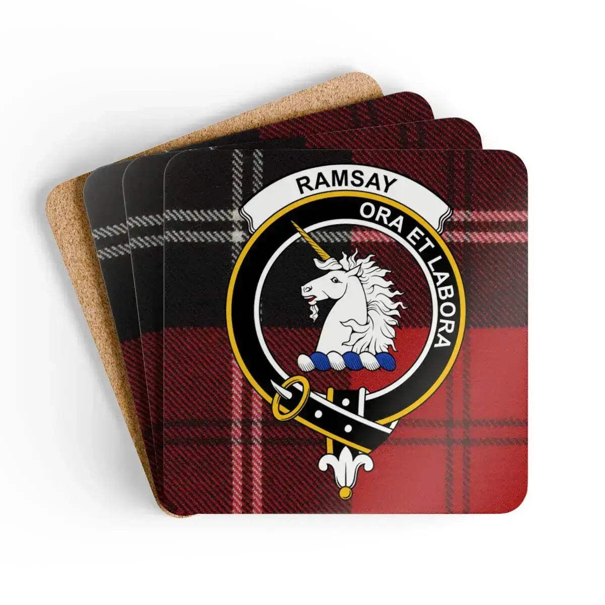 Ramsay Clan Crest Scottish Tartan Coaster Set