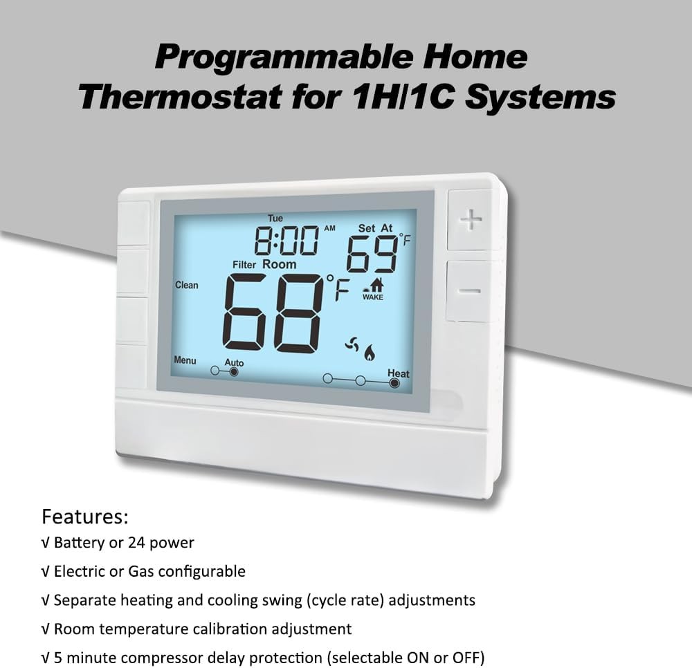 Programmable Thermostat for House, Single-Stage, 1 Heat/1 Cool, Energy-Saving...