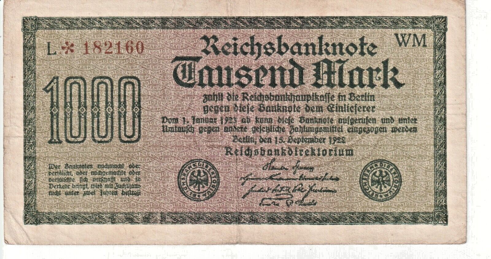 1922 Germany 1000 Mark ReichsBanknote  P# 76 - Fine - # 23470