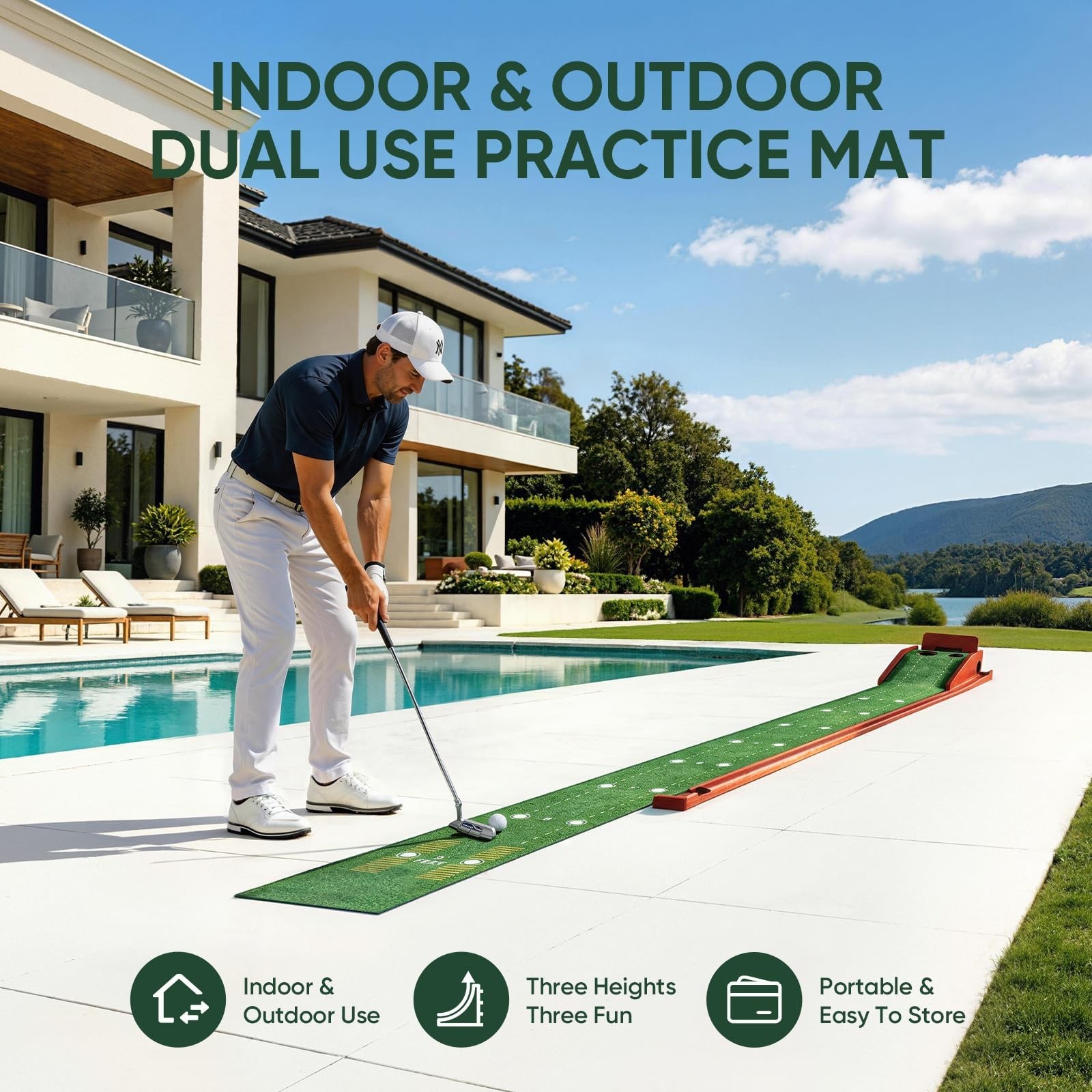 Golf Putting Green Indoor - Practice Uphill Putts, 3-Level Adjustable Incline...