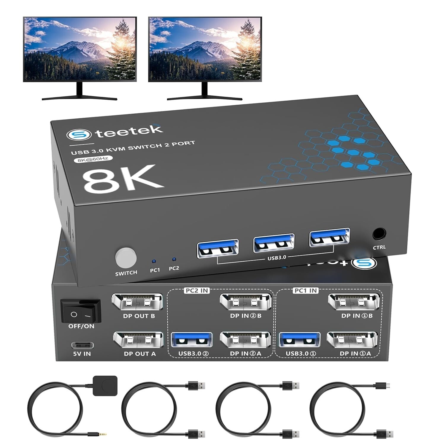 8K@60Hz KVM Switch 2 Monitors 2 Computers, USB3.0 DisplayPort KVM Switches