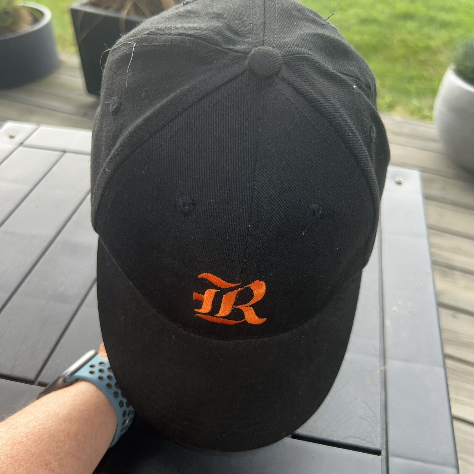 Orange R Or Lr Script on Black Hat Cap Hook Loop Head to Toe Brand EUC