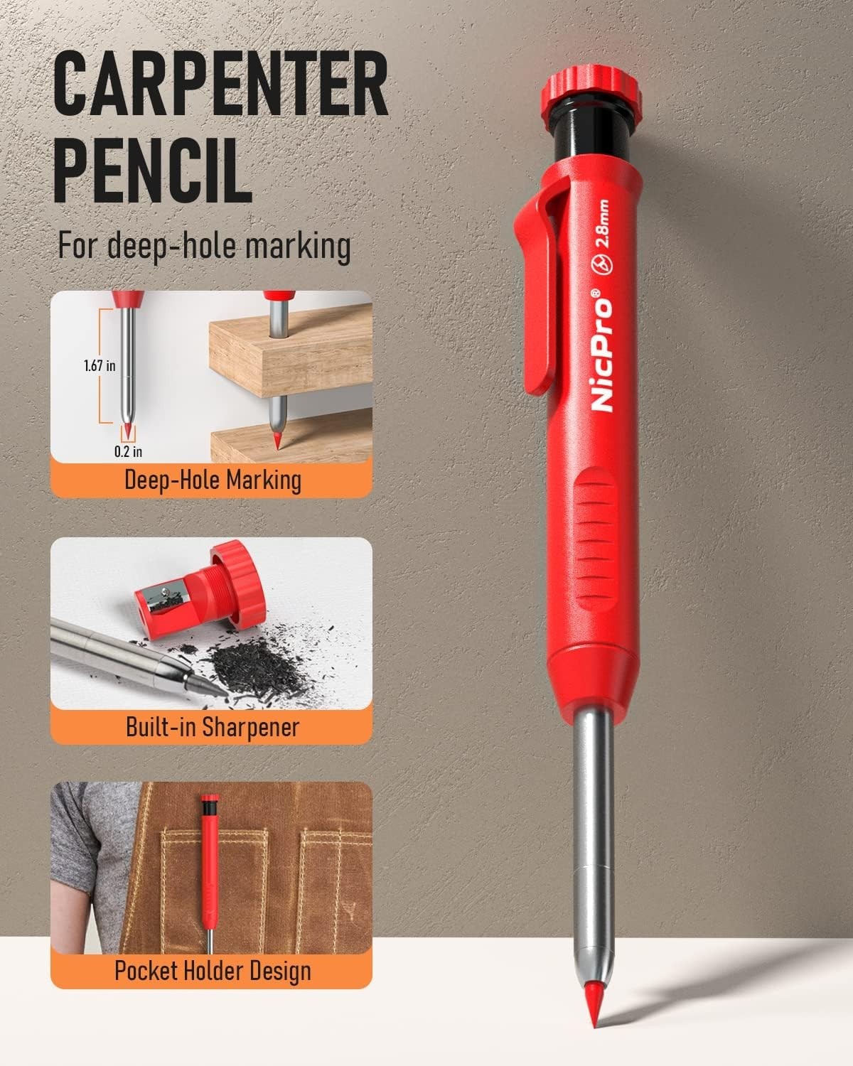 Ergonomic Construction Pencil with Built-in Sharpener & 13 Refills for Craftsmen