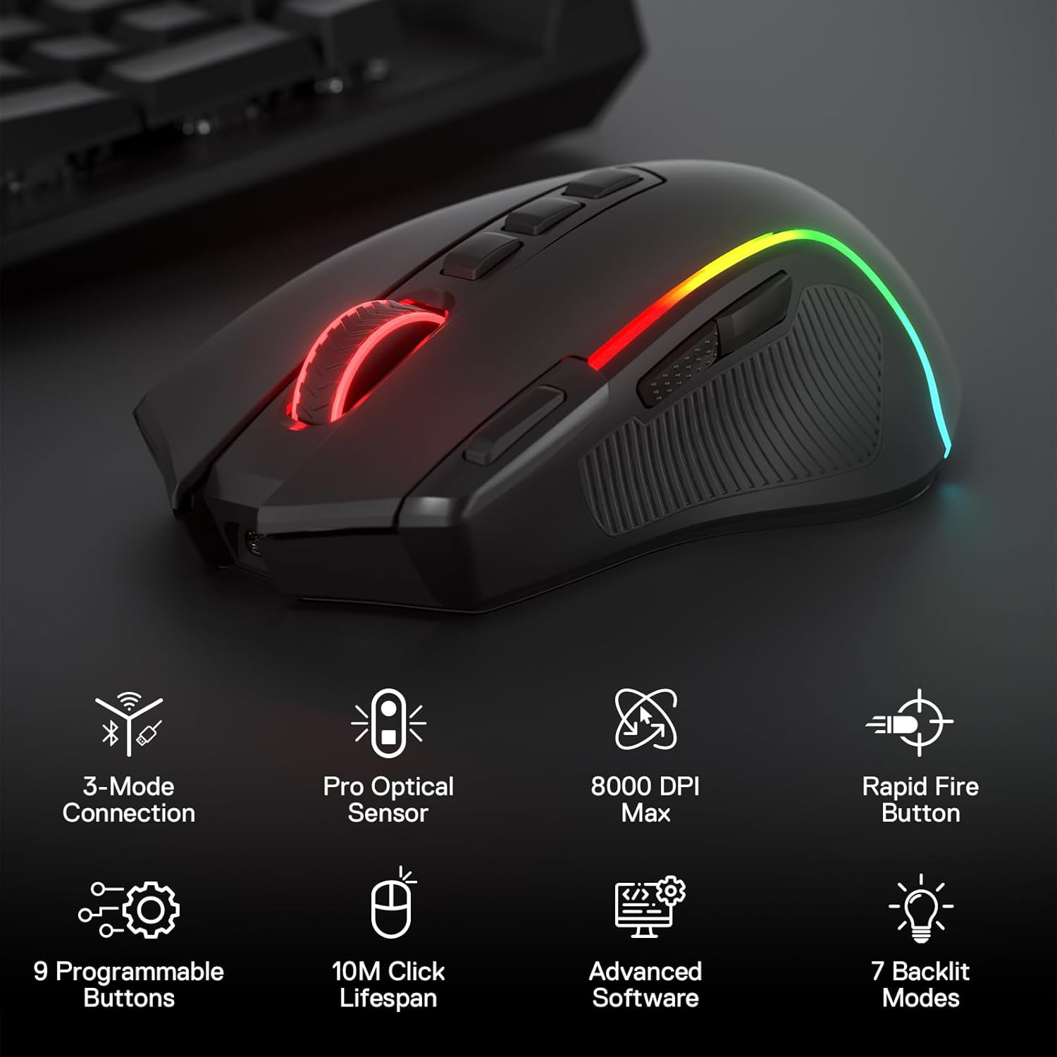 M612 PRO RGB Gaming Mouse, 8000 DPI Wired/Wireless Optical Mouse with 9 Programm
