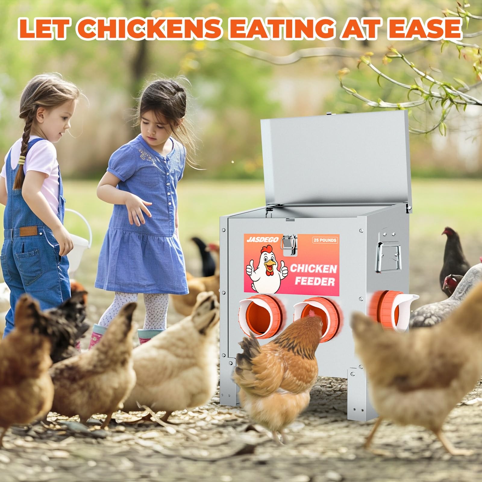 JASDEGO 4 Ports Metal Chicken Feeder No Waste 25 Pounds Automatic Poultry Fee...