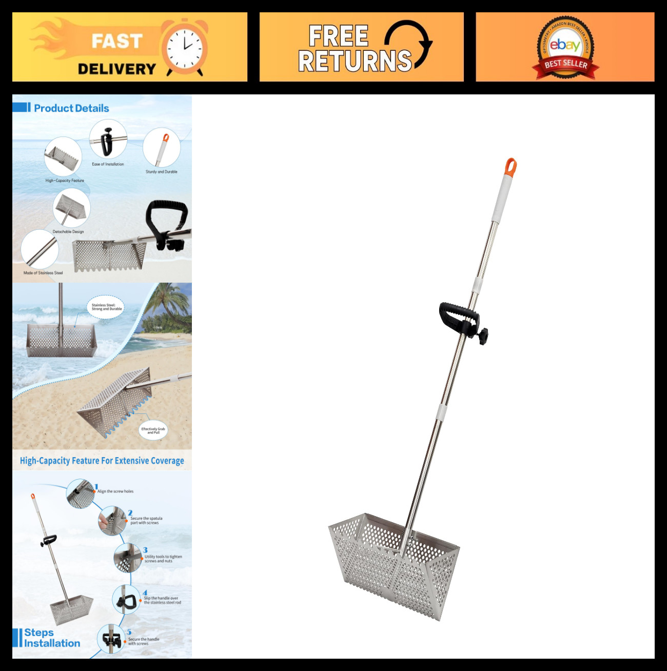 Detachable Sand Flea Rake & Sifter - 16" Wide Drain Screen, 51" Handle for Beach