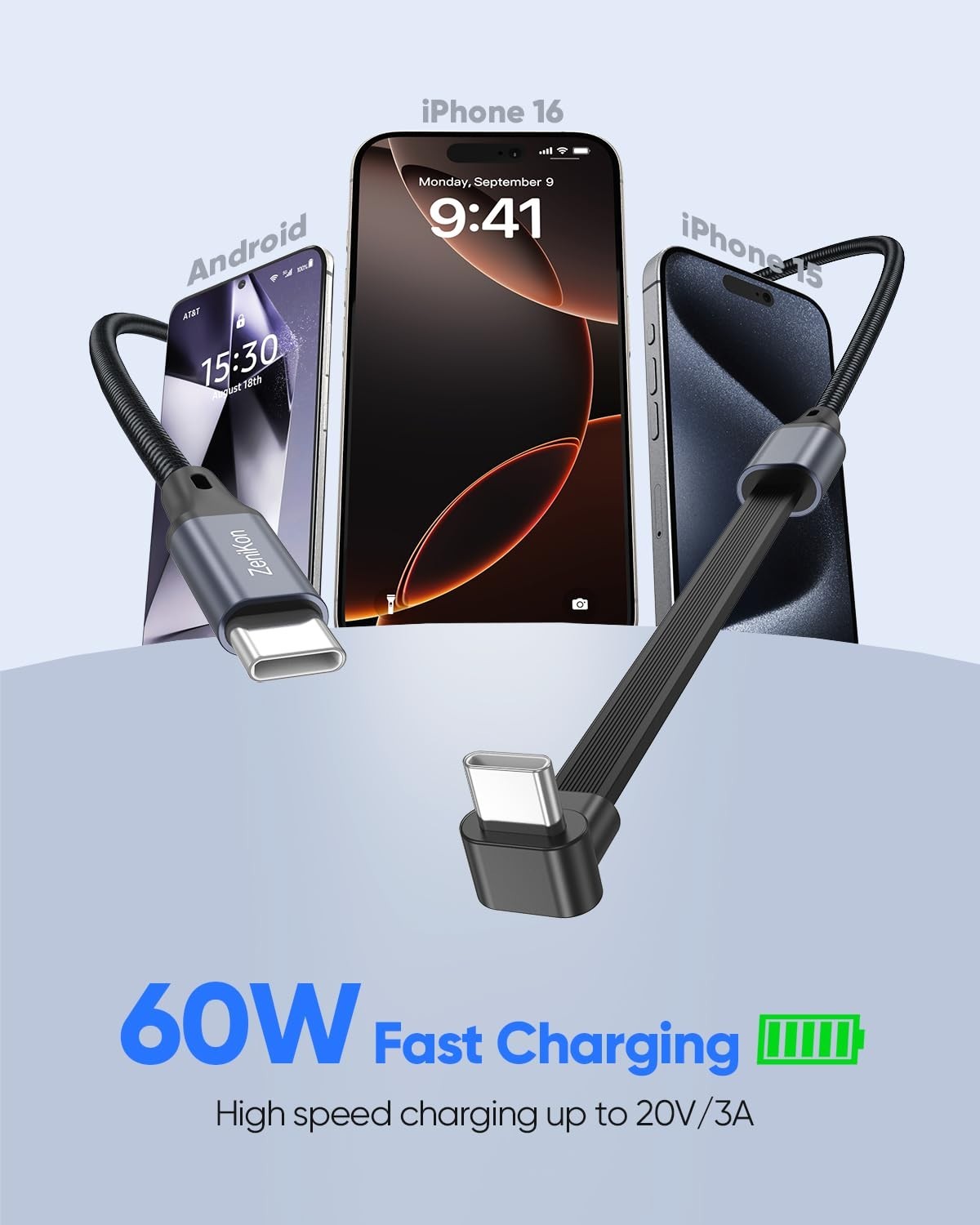90 Degree USB C Cable 1FT, Right Angle USB C Cable Flat 60W Fast Charging Nyl...